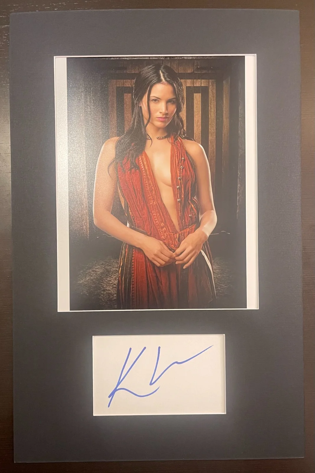 KATRINA LAW — Katrina Law Spartacus matted signed index card with photo 11x17 #1 Mira