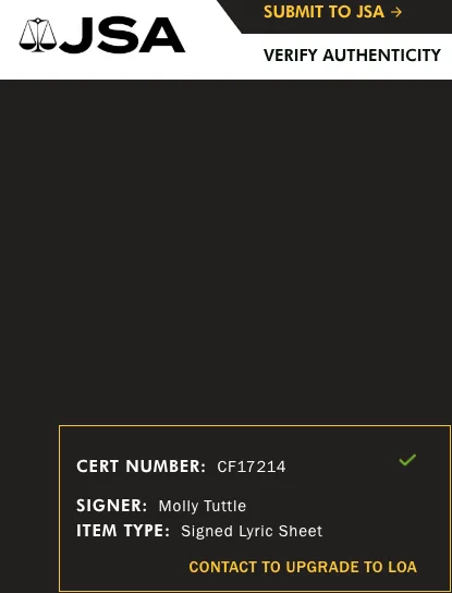 Molly Tuttle Signed Lyric Sheet “Crooked Tree” Autographed JSA COA CF17214, image 3