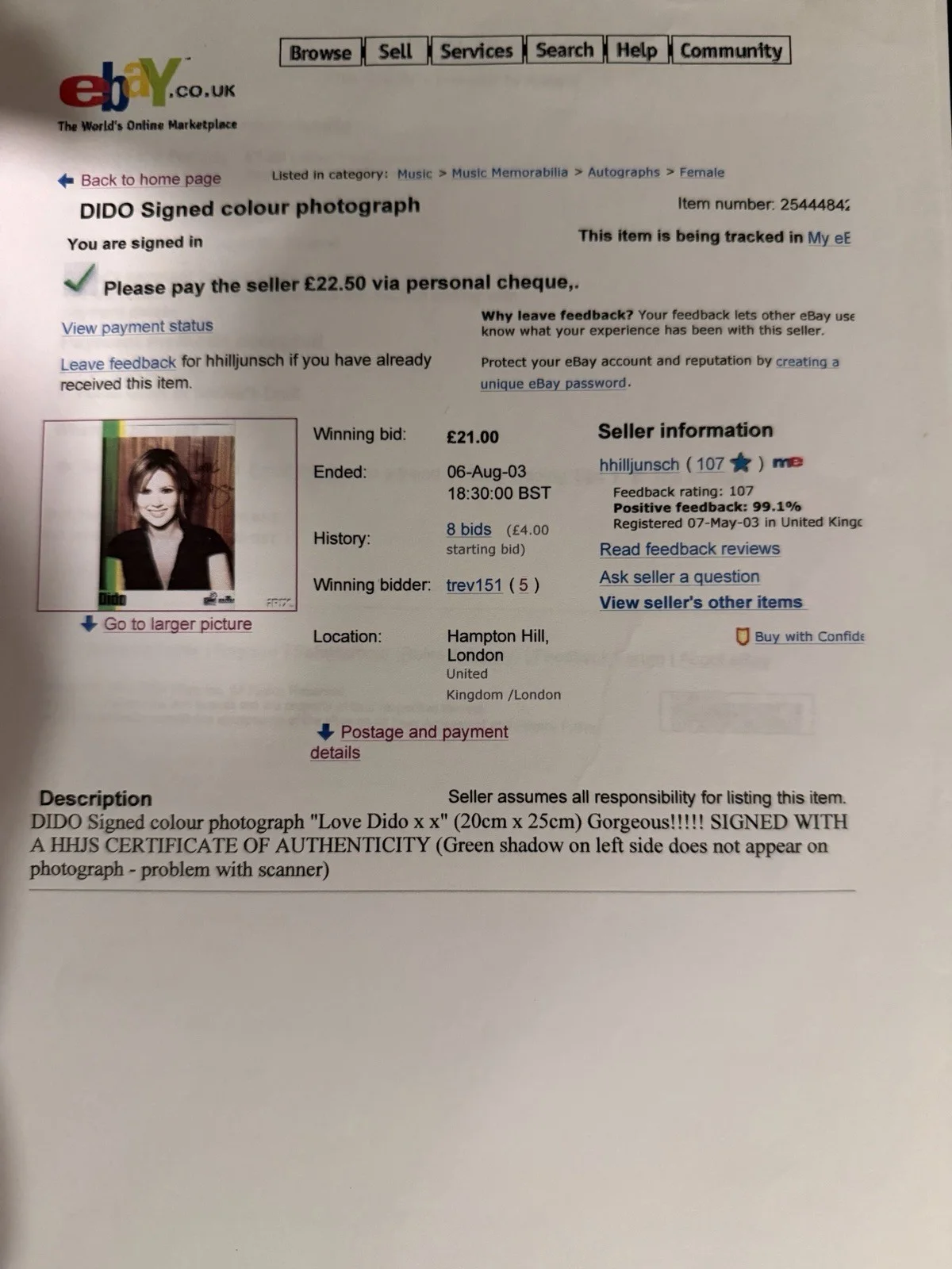 Dido Hand Signed 8x10 Photo + Original 2003 Hampton Hill Junior School COA, image 3