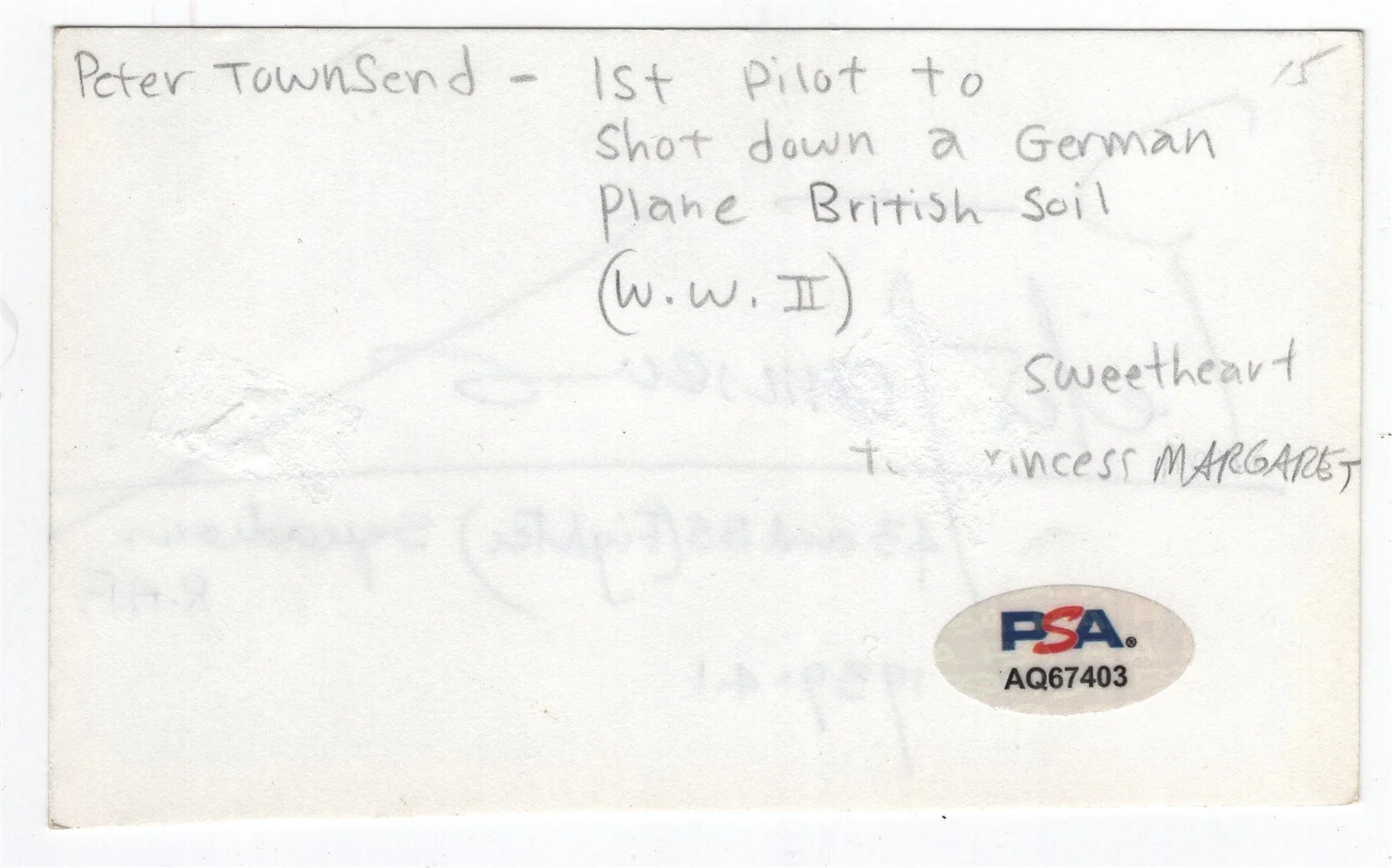 PETER TOWNSEND — PETER TOWNSEND Signed Index Card PSA/DNA British Fighter Ace WW2, image 2