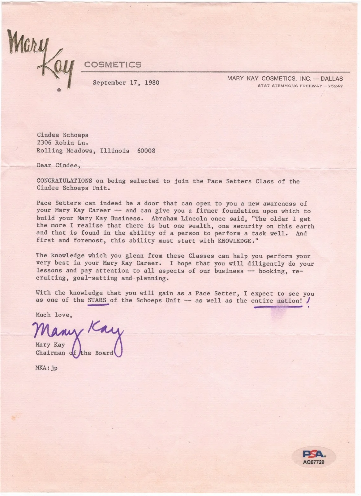 MARY KAY — MARY KAY ASH Signed Letter PSA/DNA American Businesswoman