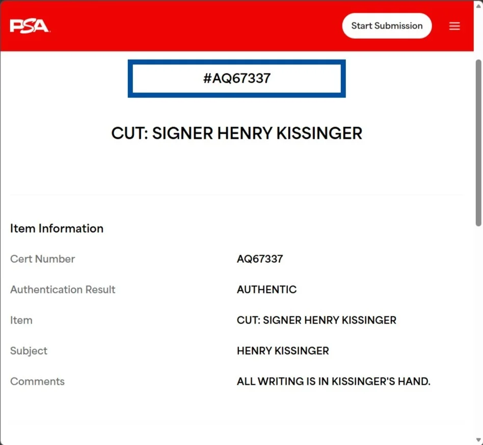HENRY KISSINGER — HENRY KISSINGER Signed Index Card Cut PSA/DNA, image 3