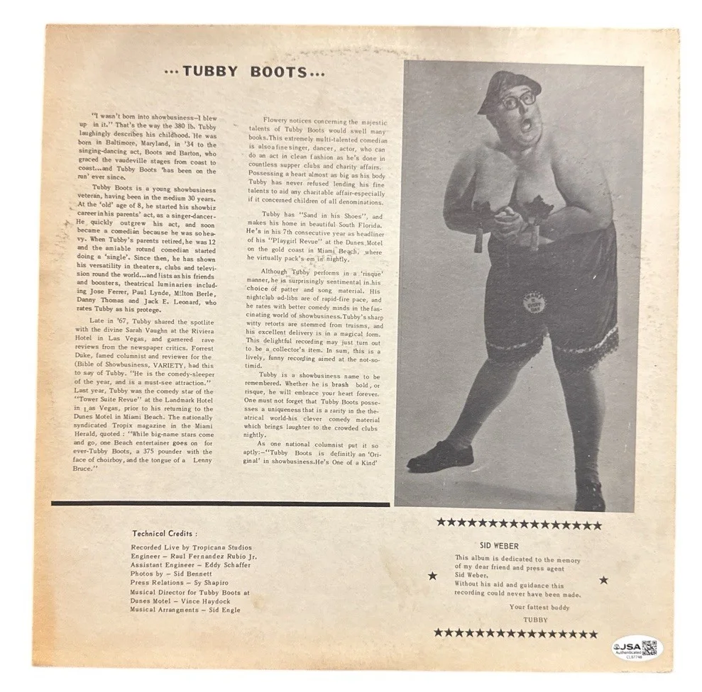 C. 1969 Tubby Boots Comedian Signed Orig Vinyl Record Album Cover S-1002 JSA JD, изображение 2