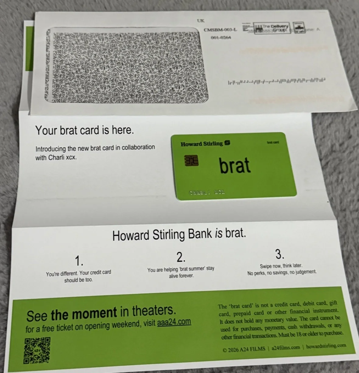 THE MOMENT Howard Stirling “CHARLI XCX” brat credit card A24 Promo Sold Out, изображение 3