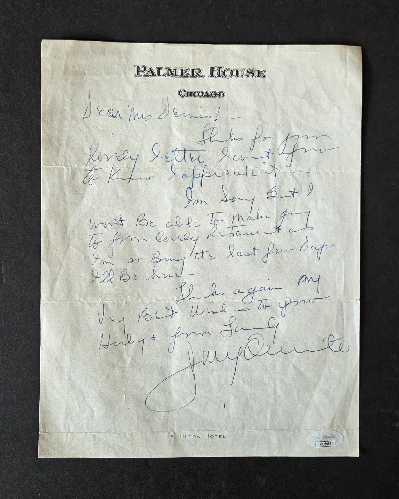 Jimmy Durante — Jimmy Durante handwritten and signed letter from the Palmer House Hotel Jsa/Coa