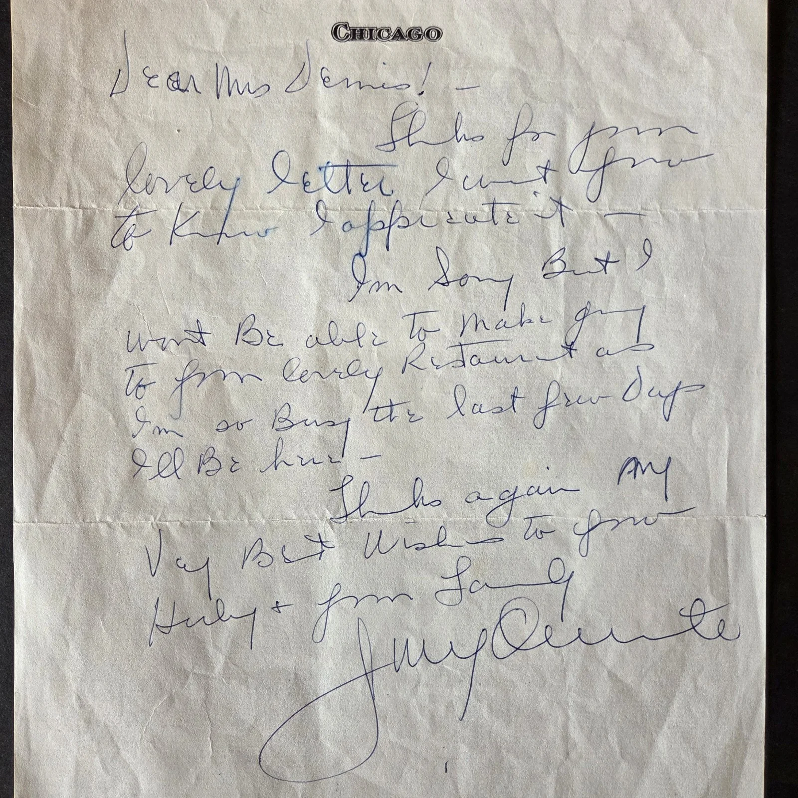 Jimmy Durante — Jimmy Durante handwritten and signed letter from the Palmer House Hotel Jsa/Coa, изображение 2