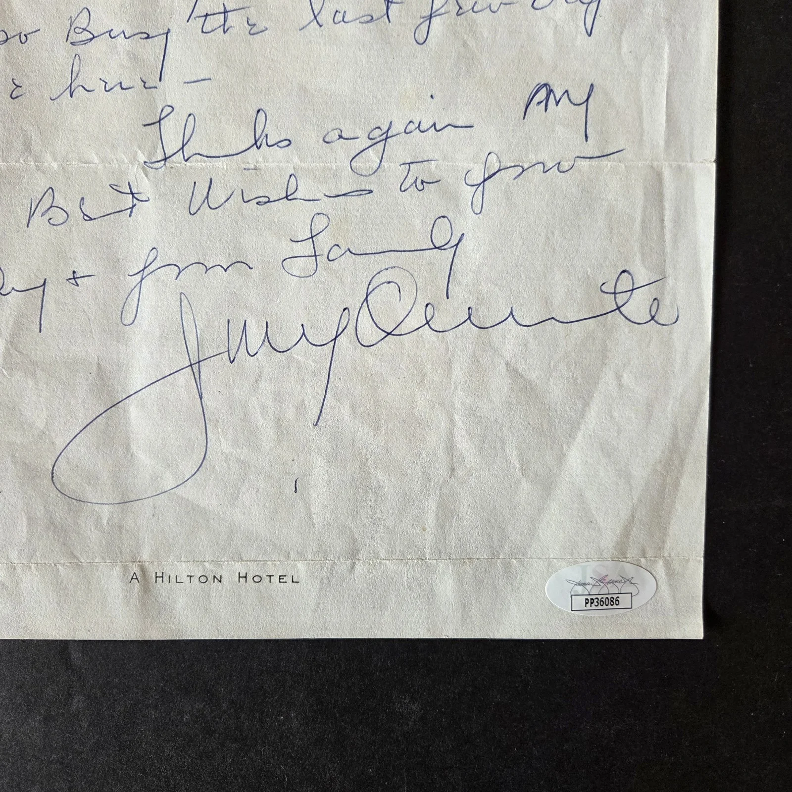 Jimmy Durante — Jimmy Durante handwritten and signed letter from the Palmer House Hotel Jsa/Coa, изображение 3