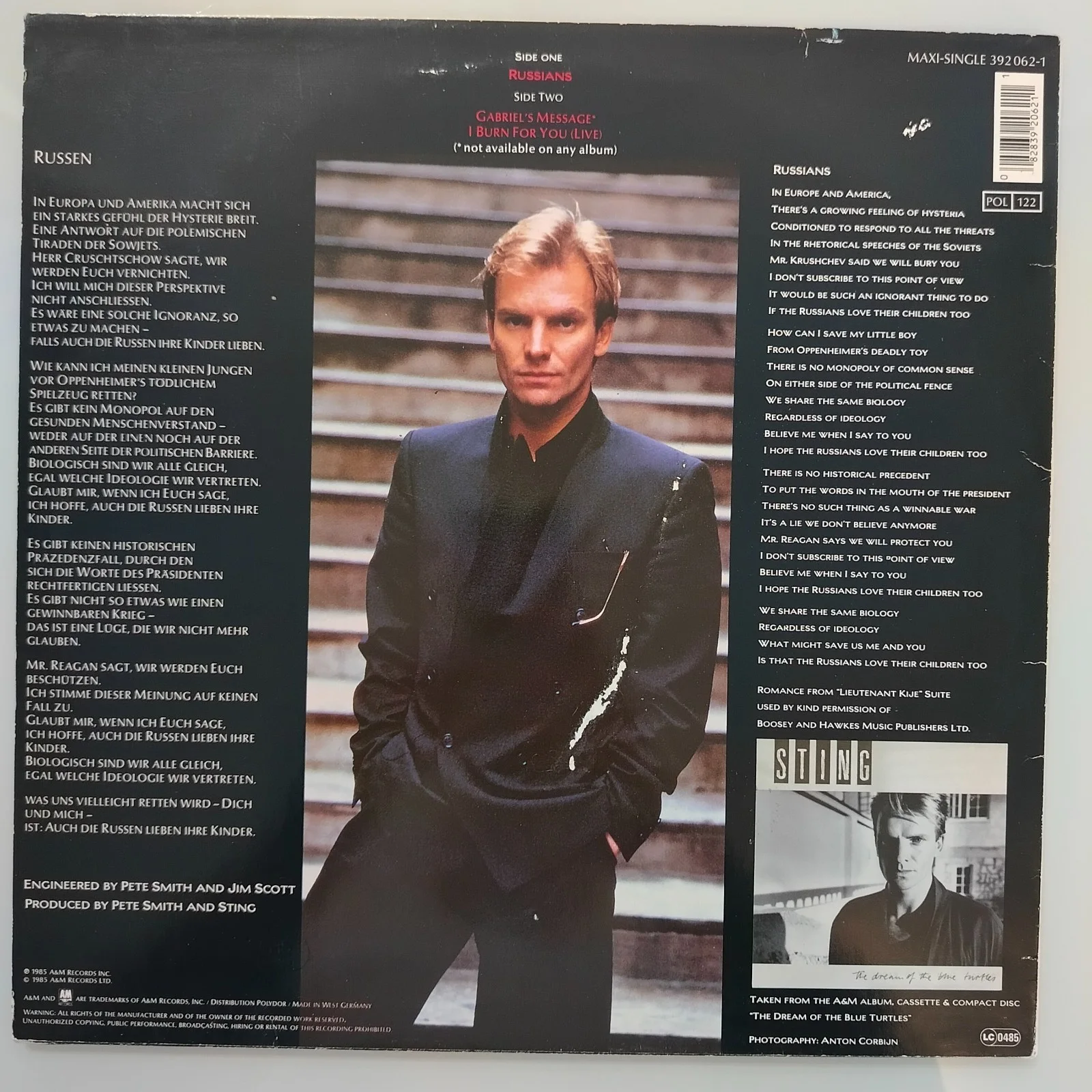 STING "Russians" Signed Autographed LP Album Cover +COA, image 3