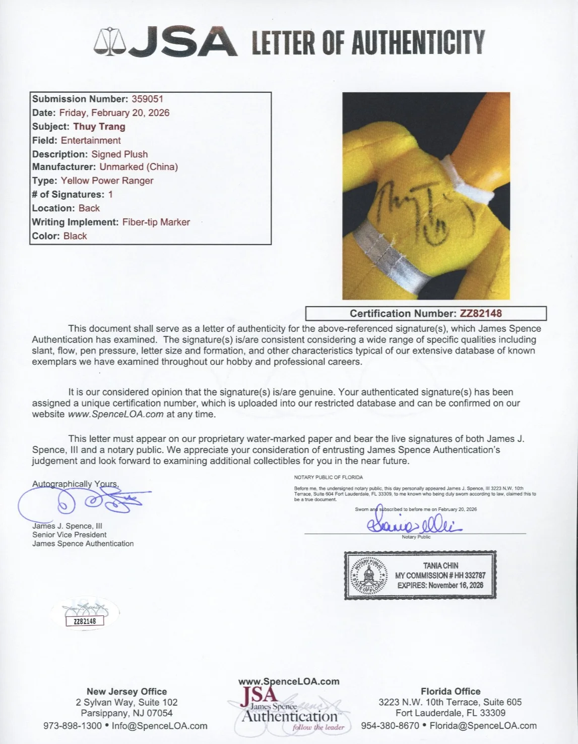 Thuy Trang — Thuy Trang signed Yellow Power Ranger Plush Toy Doll JSA LOA Rare Auto Z2530, image 2