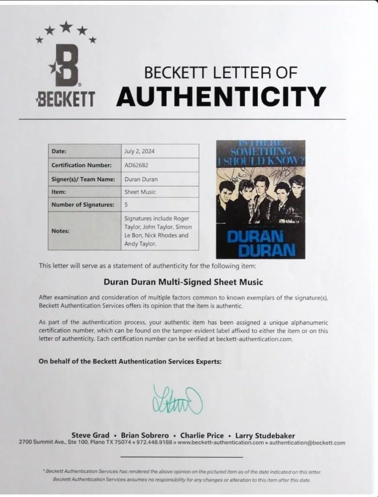Duran Duran Signed "Is There Something I Should Know" Sheet Music (5 Sigs) (BAS), image 2