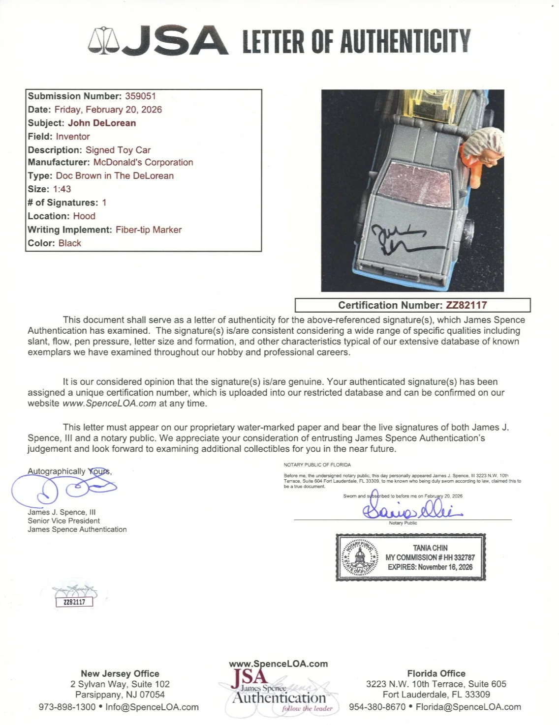 John DeLorean — John DeLorean signed 1:43 Back to the Future Toy Car JSA LOA Doc Rare Z2523, image 2