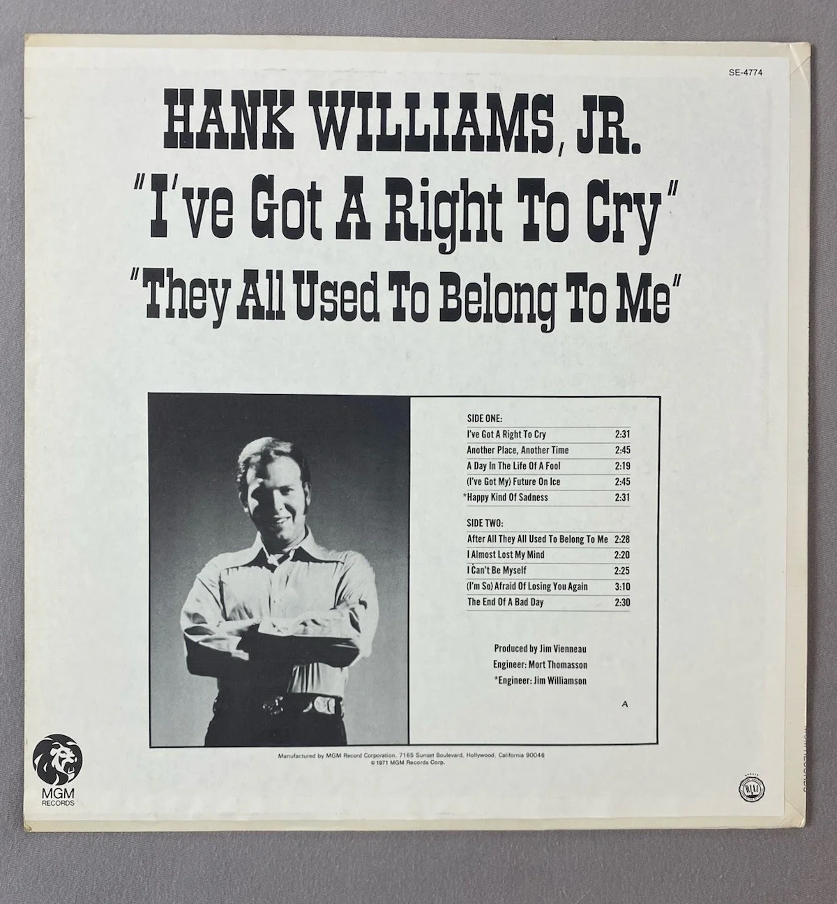 HANK WILLIAMS JR AUTOGRAPH 1971 ORIGINAL "I GOT A RIGHT TO CRY" VINYL RECORD LP, изображение 3