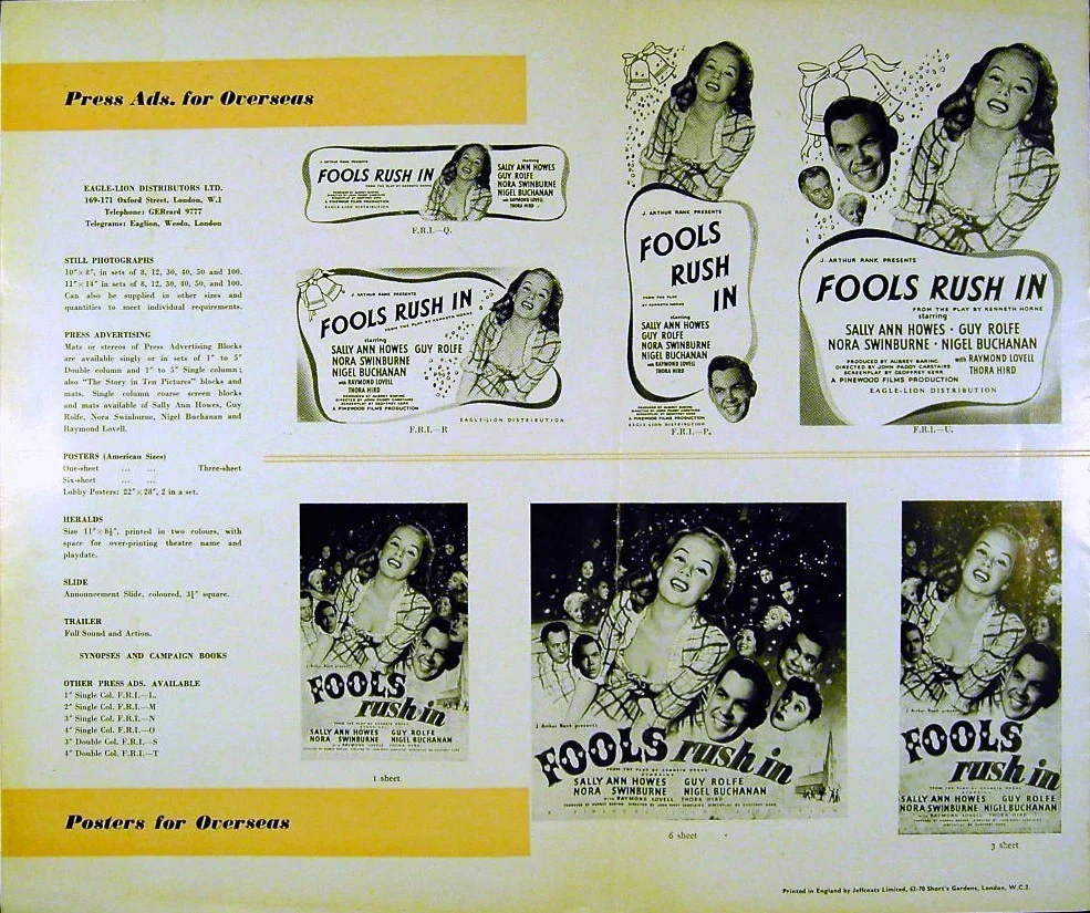 FOOLS RUSH IN 1949 Sally Ann Howes, Guy Rolfe, Nora Swinburne UK PRESSBOOK, изображение 3