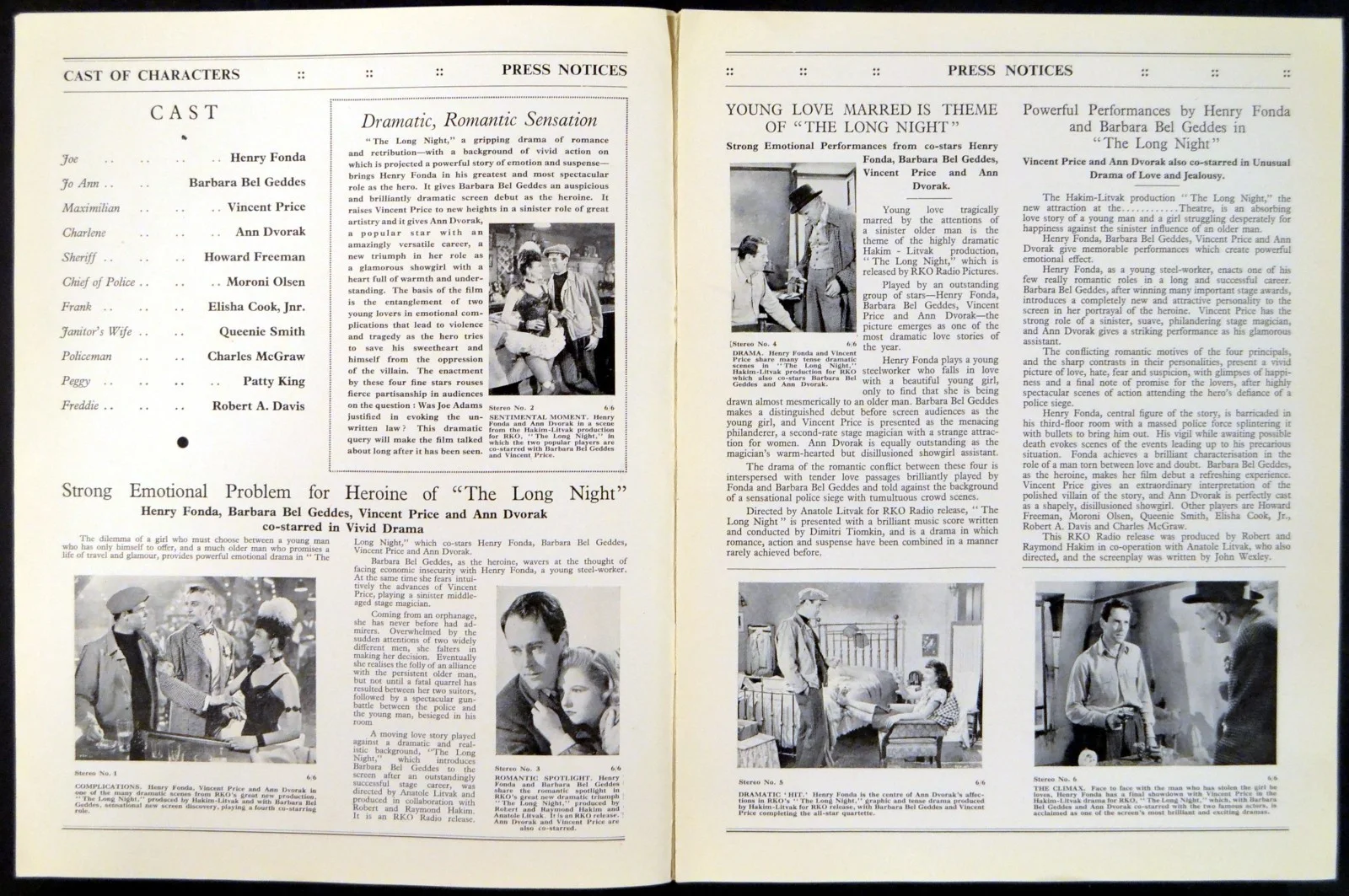LONG NIGHT 1947 Henry Fonda, Barbara Bel Geddes, Vincent Price UK PRESSBOOK, изображение 3