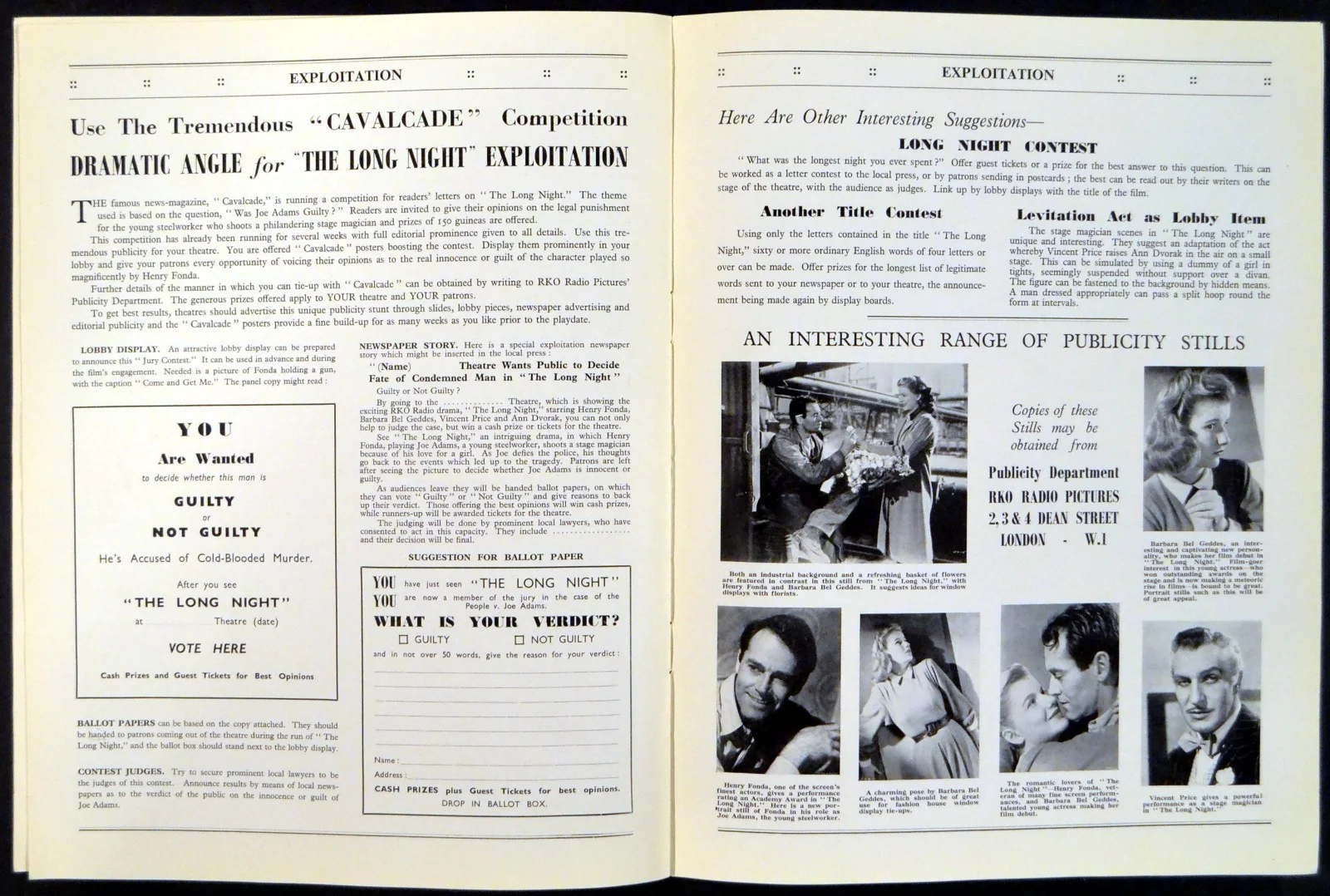 LONG NIGHT 1947 Henry Fonda, Barbara Bel Geddes, Vincent Price UK PRESSBOOK, изображение 5