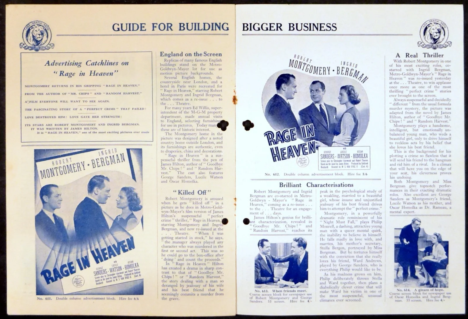 RAGE IN HEAVEN 1941 Robert Montgomery Ingrid Bergman George Sanders UK PRESSBOOK, image 2