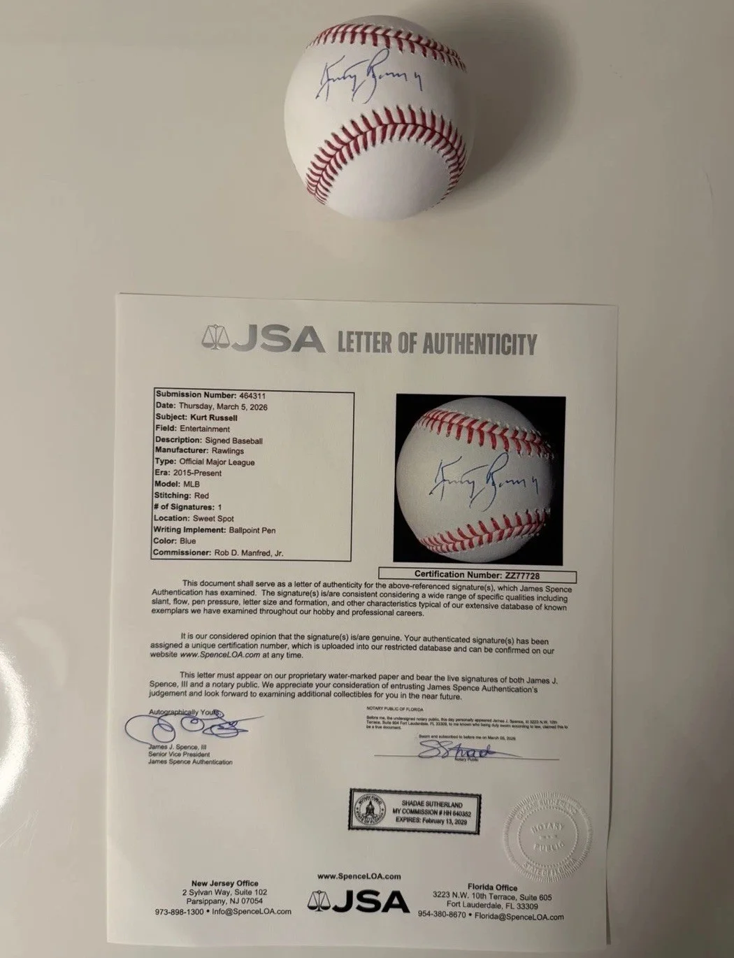 Kurt Russell — Kurt Russell Actor Autographed Baseball Rare Tombstone JSA LOA