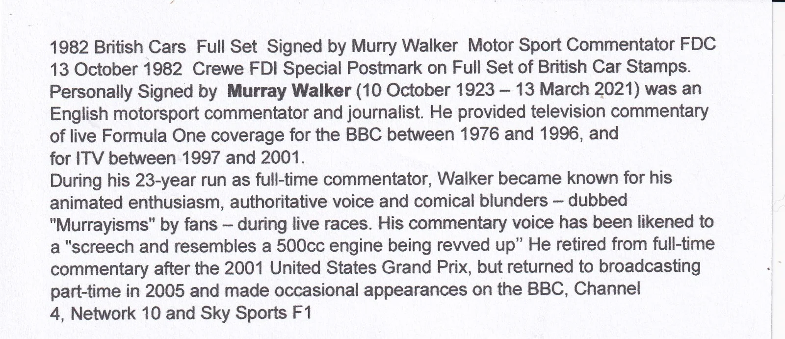 1982 British Cars Full Set Signed by Murry Walker Motor Sport Commentator FDC, изображение 2