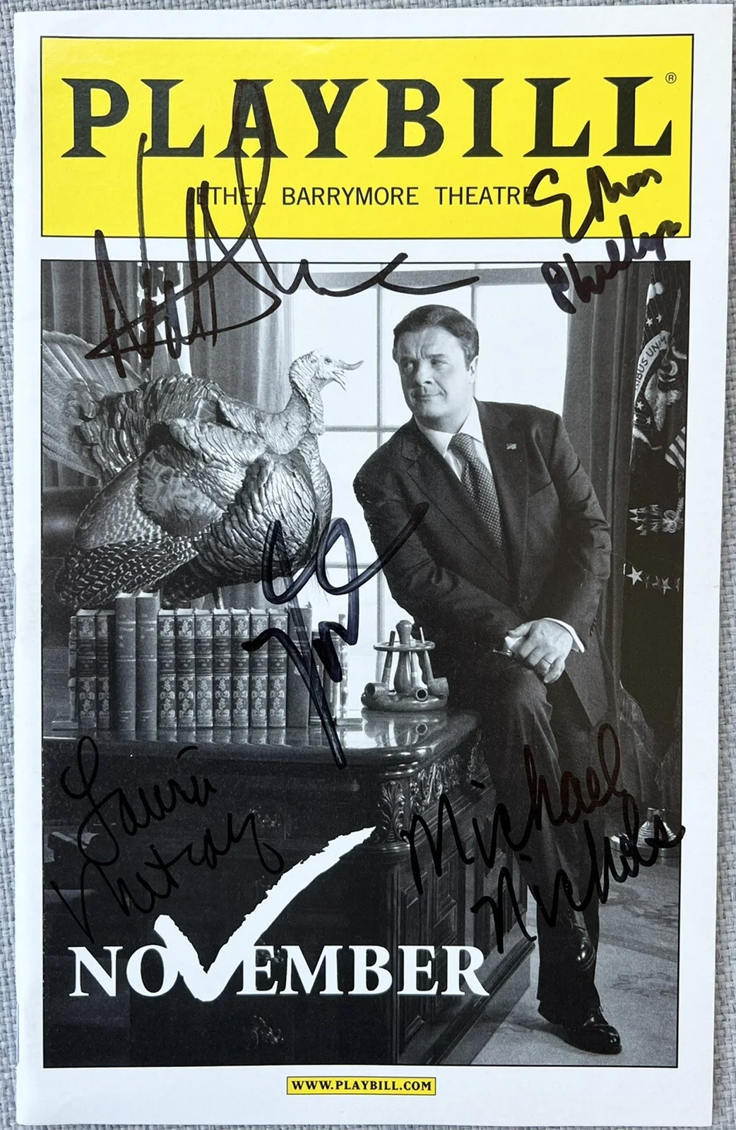 Nathan Lane — NOVEMBER Signed IP Broadway Playbill - Nathan Lane, Laurie Metcalf, Authentic