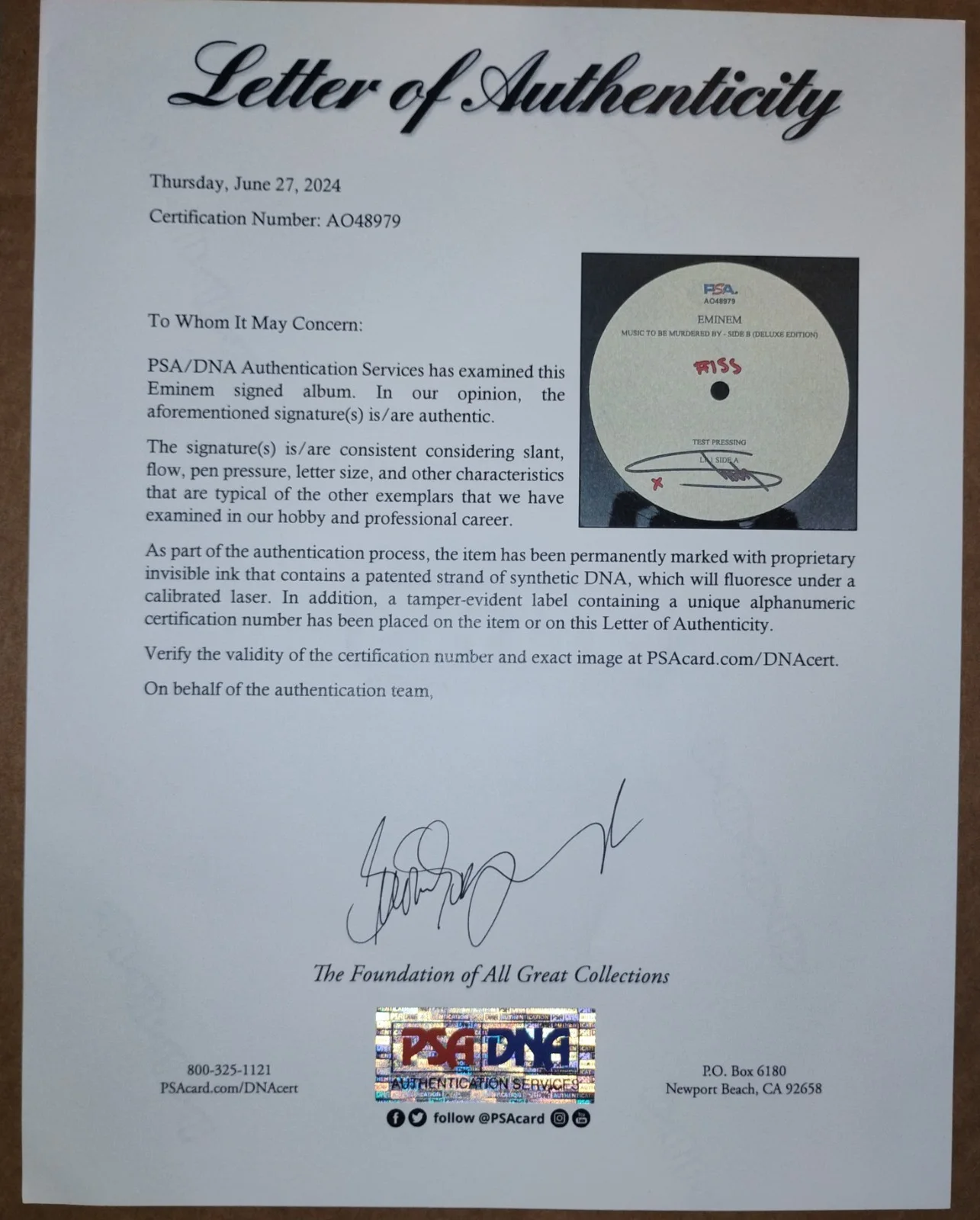 EMINEM Music To Be Murdered By Autographed Test Pressing Vinyl PSA CERTIFIED LOA, изображение 4