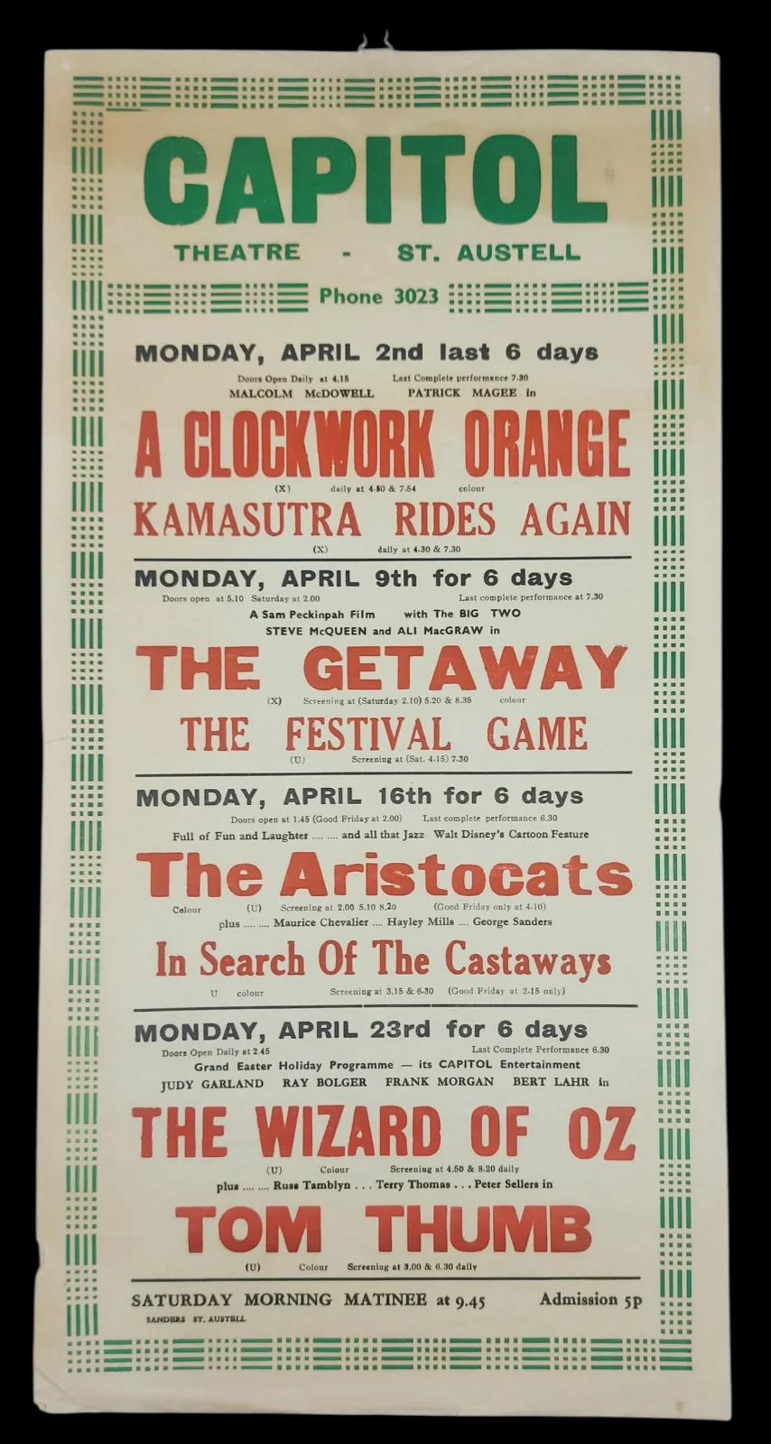 CAPITOL CINEMA (CLOCKWORK ORANGE/THE WIZARD OF OZ) ORIGINAL WINDOW CARD 1960S, изображение 2