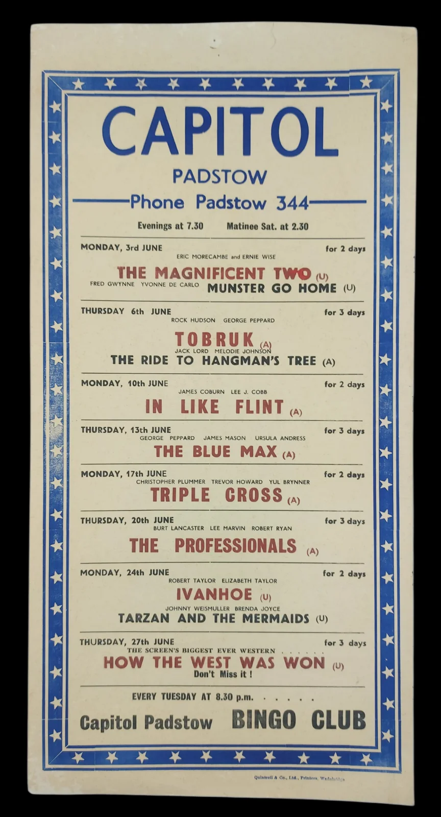 CAPITOL CINEMA (PLADSTOW) ORIGINAL WINDOW CARD 1960S #1, image 2