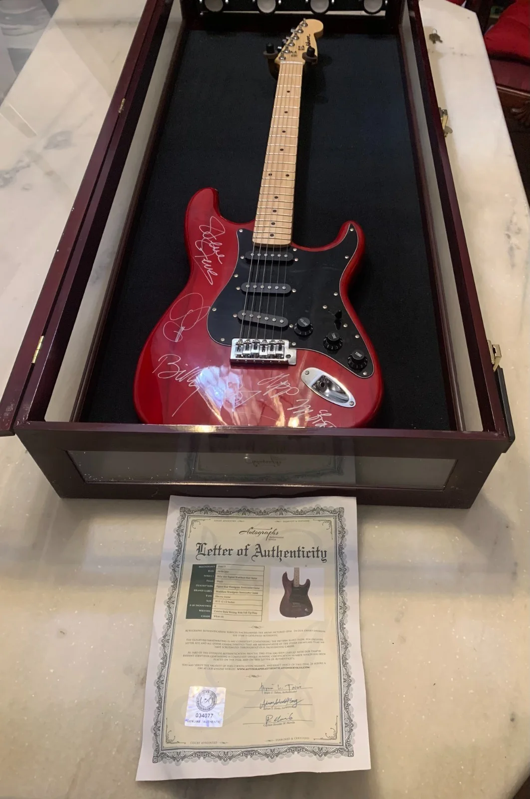Billy Idol Washburn Red Electric Guitar 4 signatures signed by him and his band., image 5