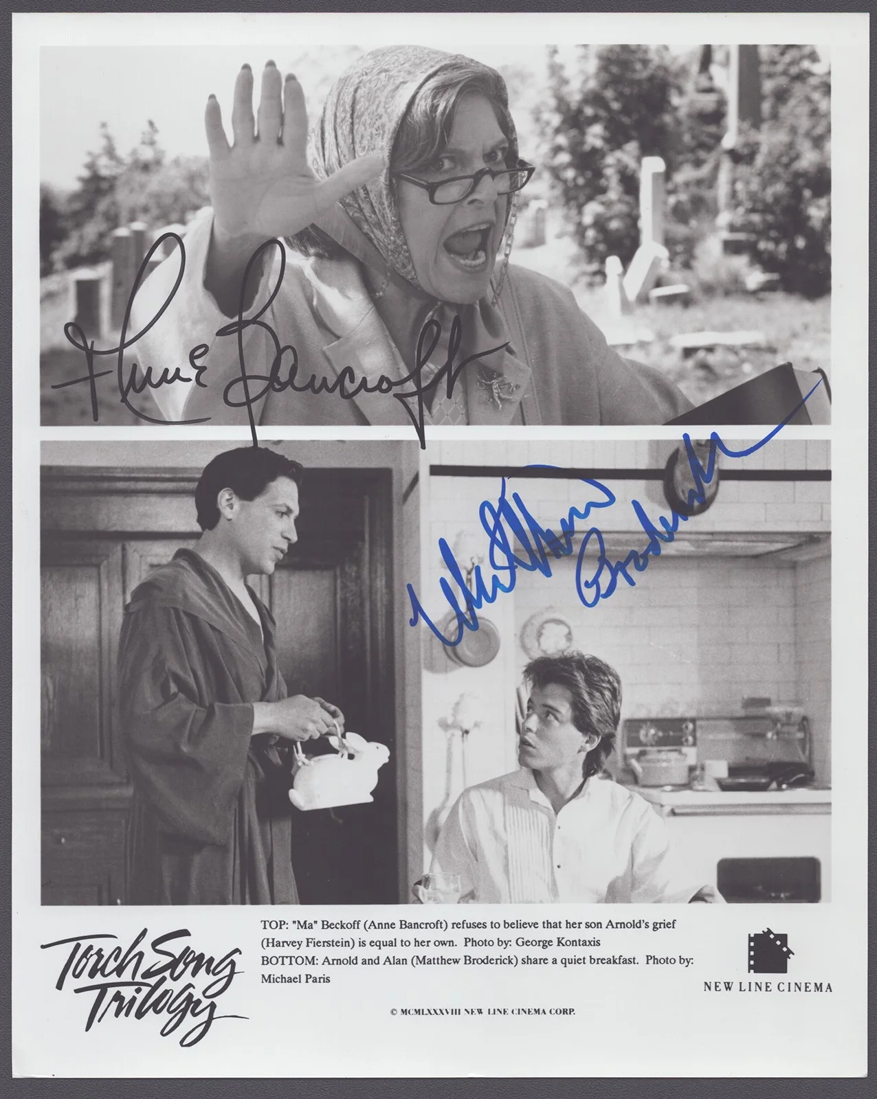 Anne Bancroft, Matthew Broderick — TORCH SONG TRILOGY MOVIE CAST - PRINTED PHOTOGRAPH SIGNED IN INK WITH CO-SIGNERS