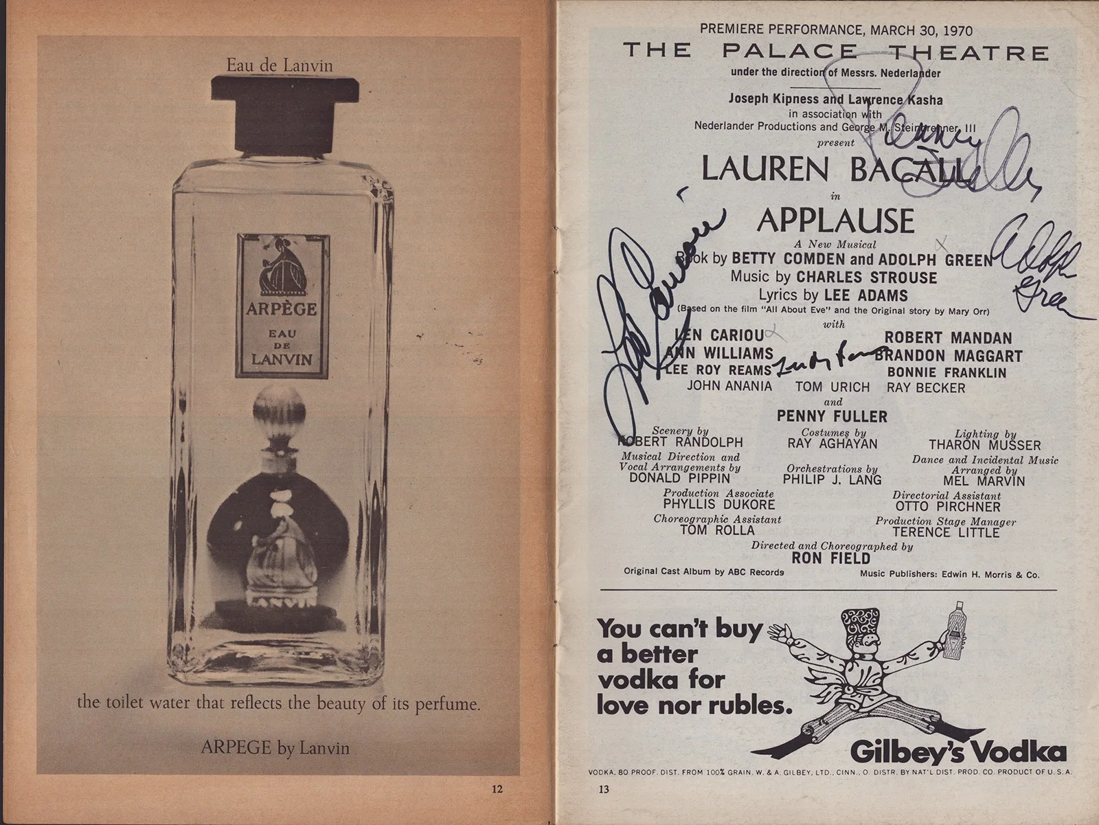 Lee Roy Reams, Penny Fuller, Adolph Green, Len Cariou — APPLAUSE PLAY CAST - SHOW BILL SIGNED WITH CO-SIGNERS, изображение 2