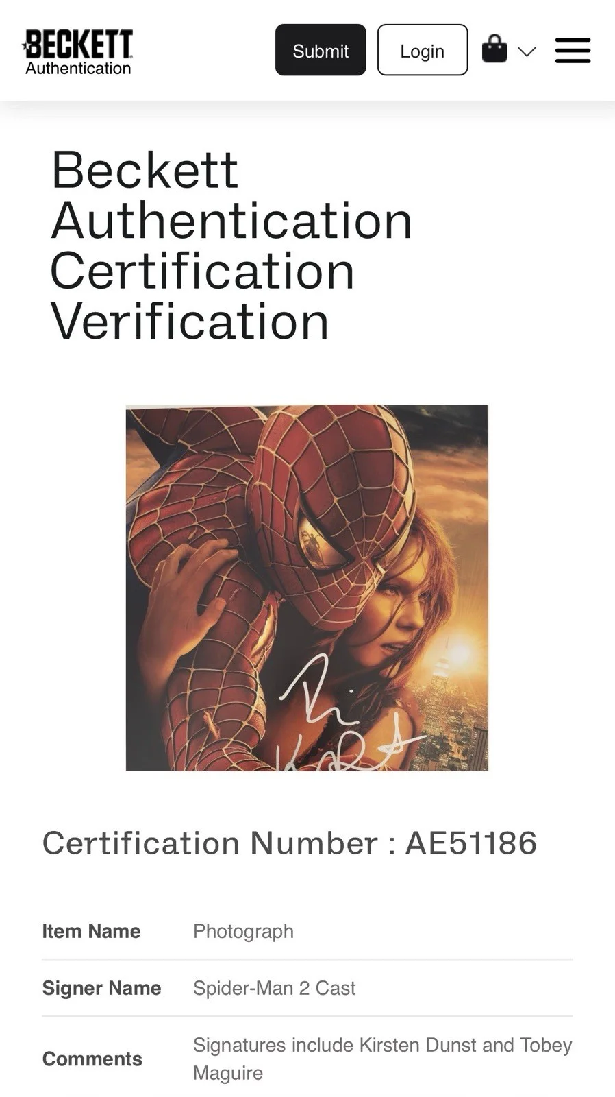 Tobey Maguire, Kirsten Dunst — Tobey Maguire & Kirsten Dunst Signed 11x17 Spider-Man 2 Photo Beckett, изображение 4