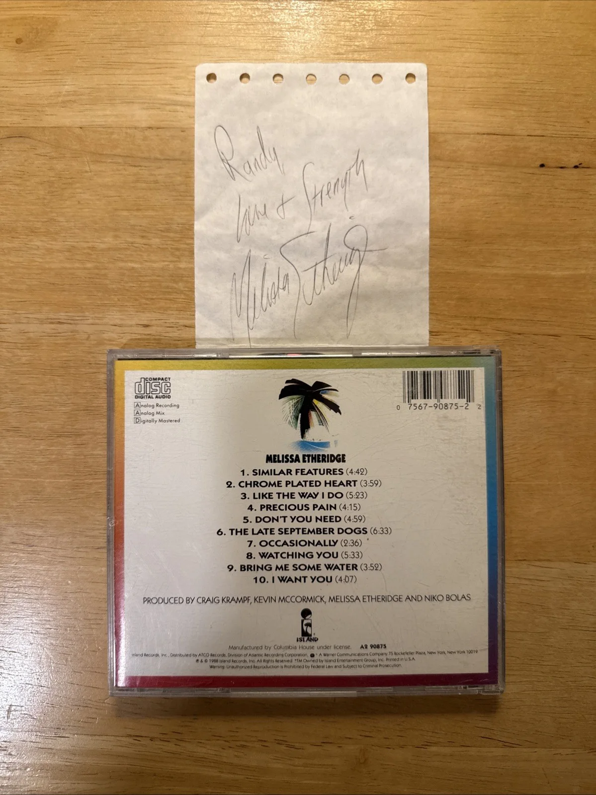 Melissa Etheridge Self-Titled CD with Signed Autograph Airline Travel Receipt, image 2