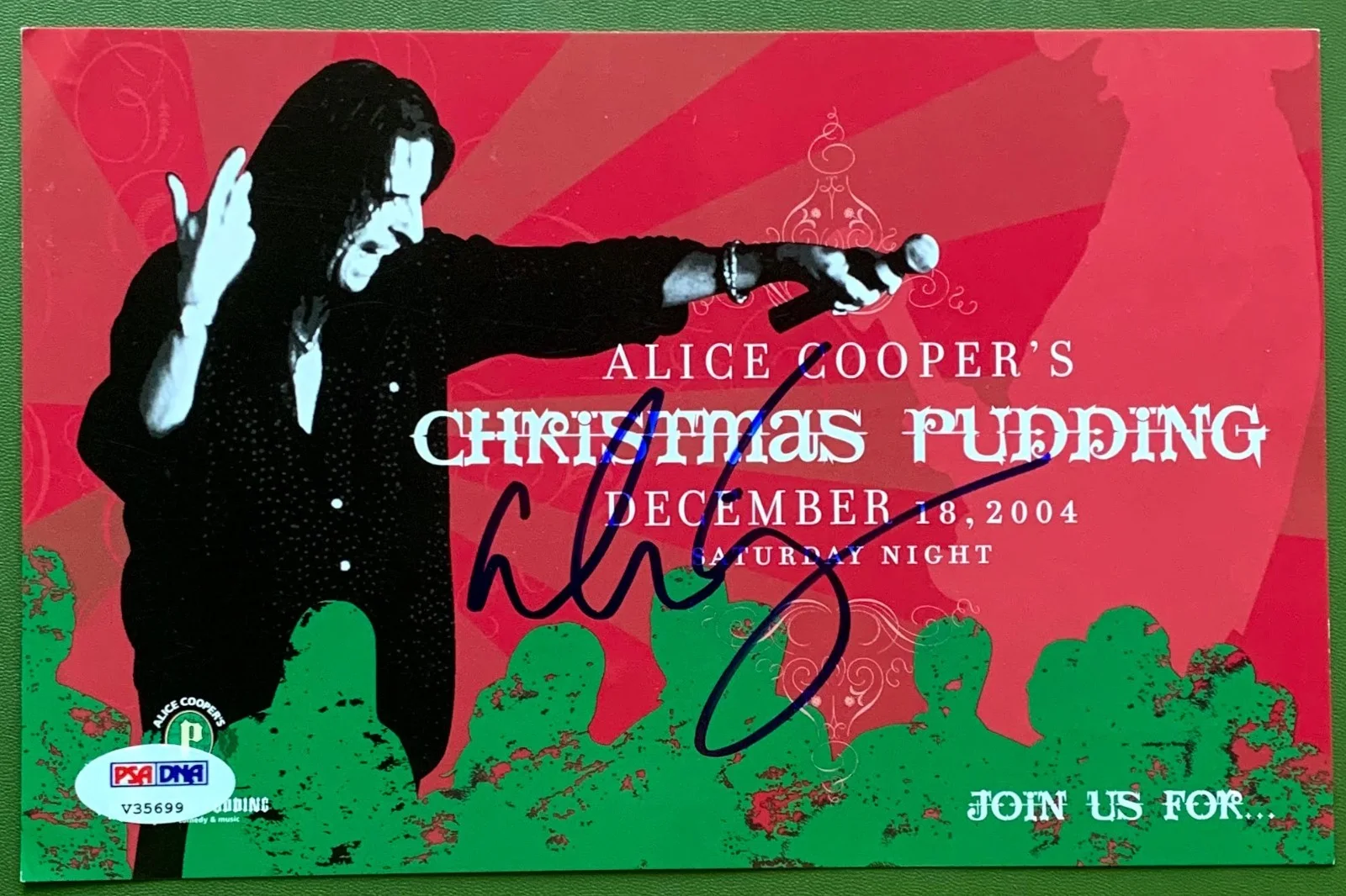 PSA/DNA signed INVITATION autographed ALICE COOPER color photo CHRISTMAS PUDDING, изображение 2