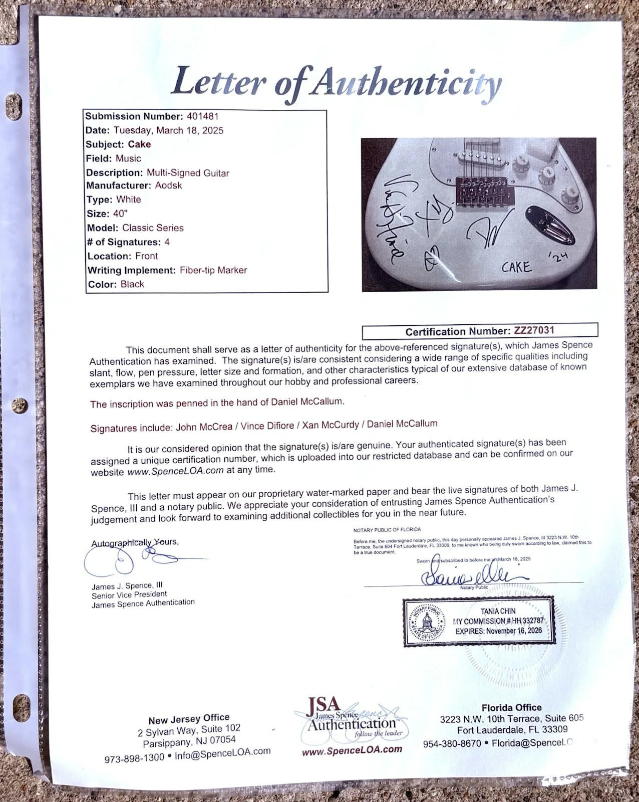 CAKE Band SIGNED Electric Guitar JSA LETTER Of AUTHENTICITY, image 4