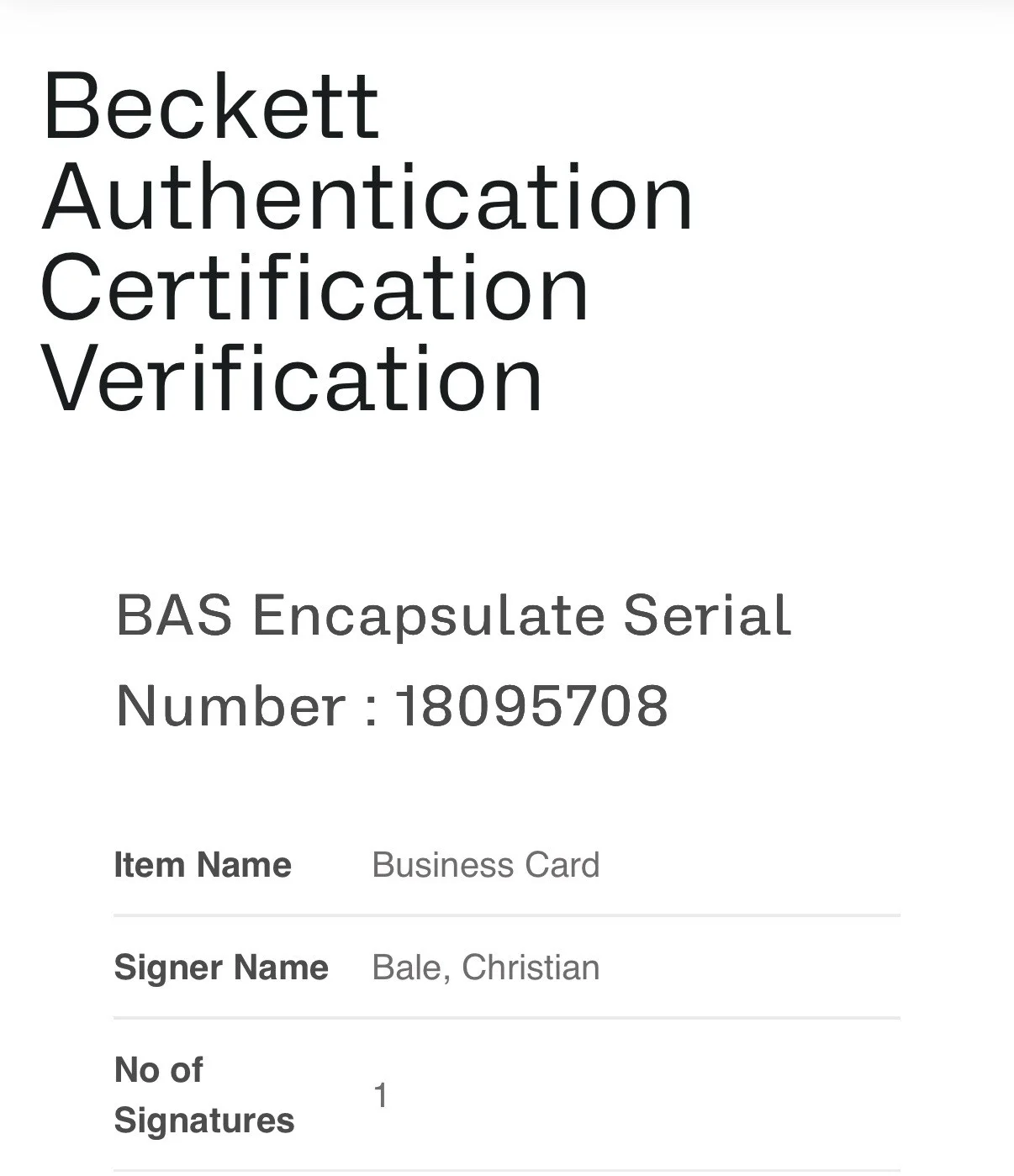 Christian Bale — CHRISTIAN BALE SIGNED BUSINESS CARD AMERICAN PSYCHO AUTOGRAPH BECKETT COA-B, image 2