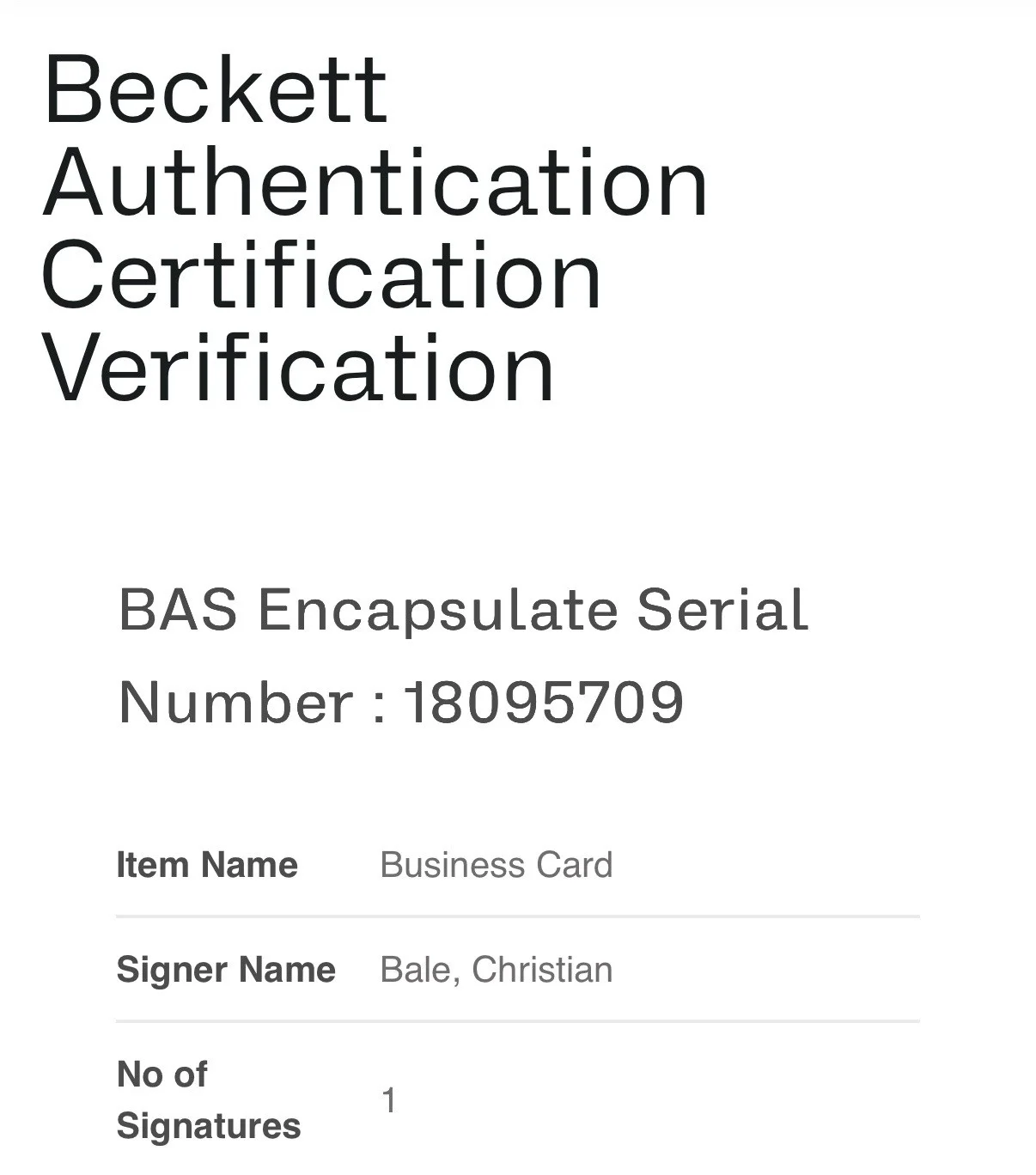 Christian Bale — CHRISTIAN BALE SIGNED BUSINESS CARD AMERICAN PSYCHO AUTOGRAPH BECKETT COA-C, image 2