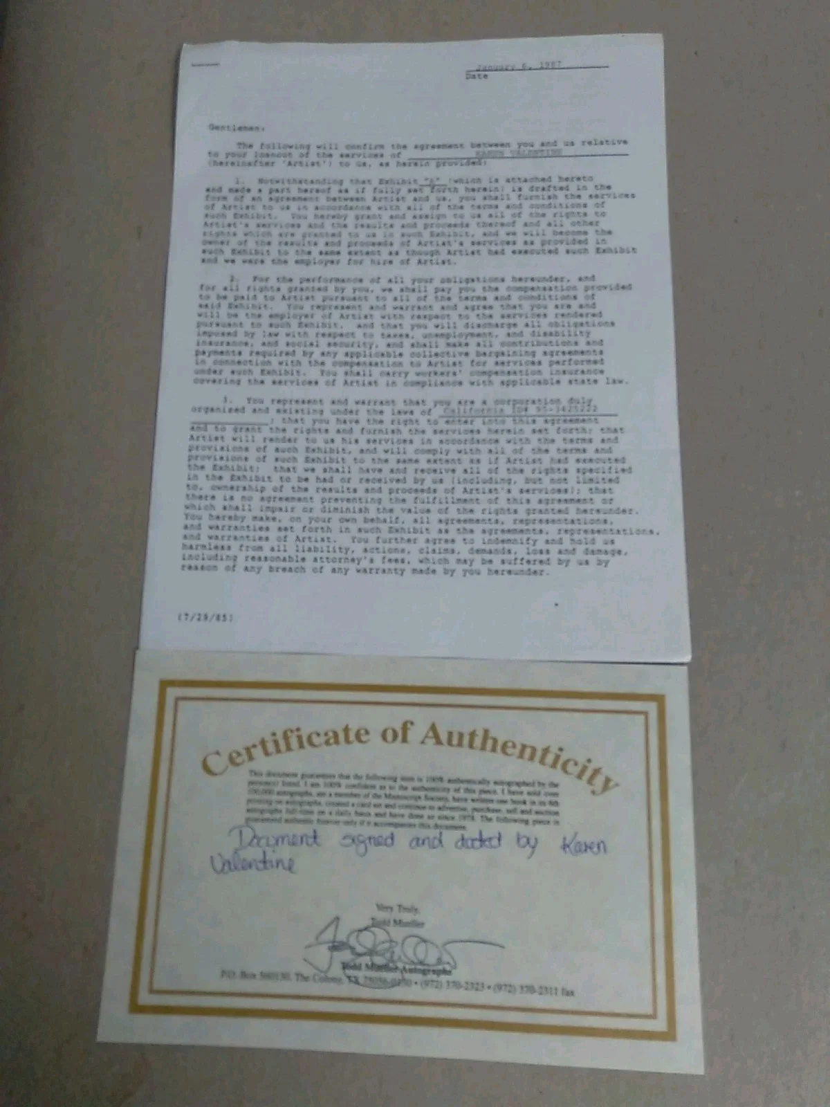 Karen Valentine Signed Contract 1987 With Certificate Of Authenticity, image 2