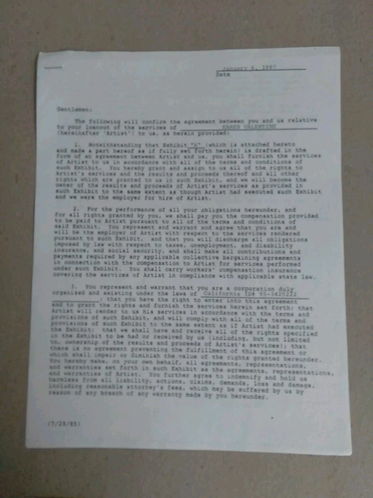 Karen Valentine Signed Contract 1987 With Certificate Of Authenticity, image 3