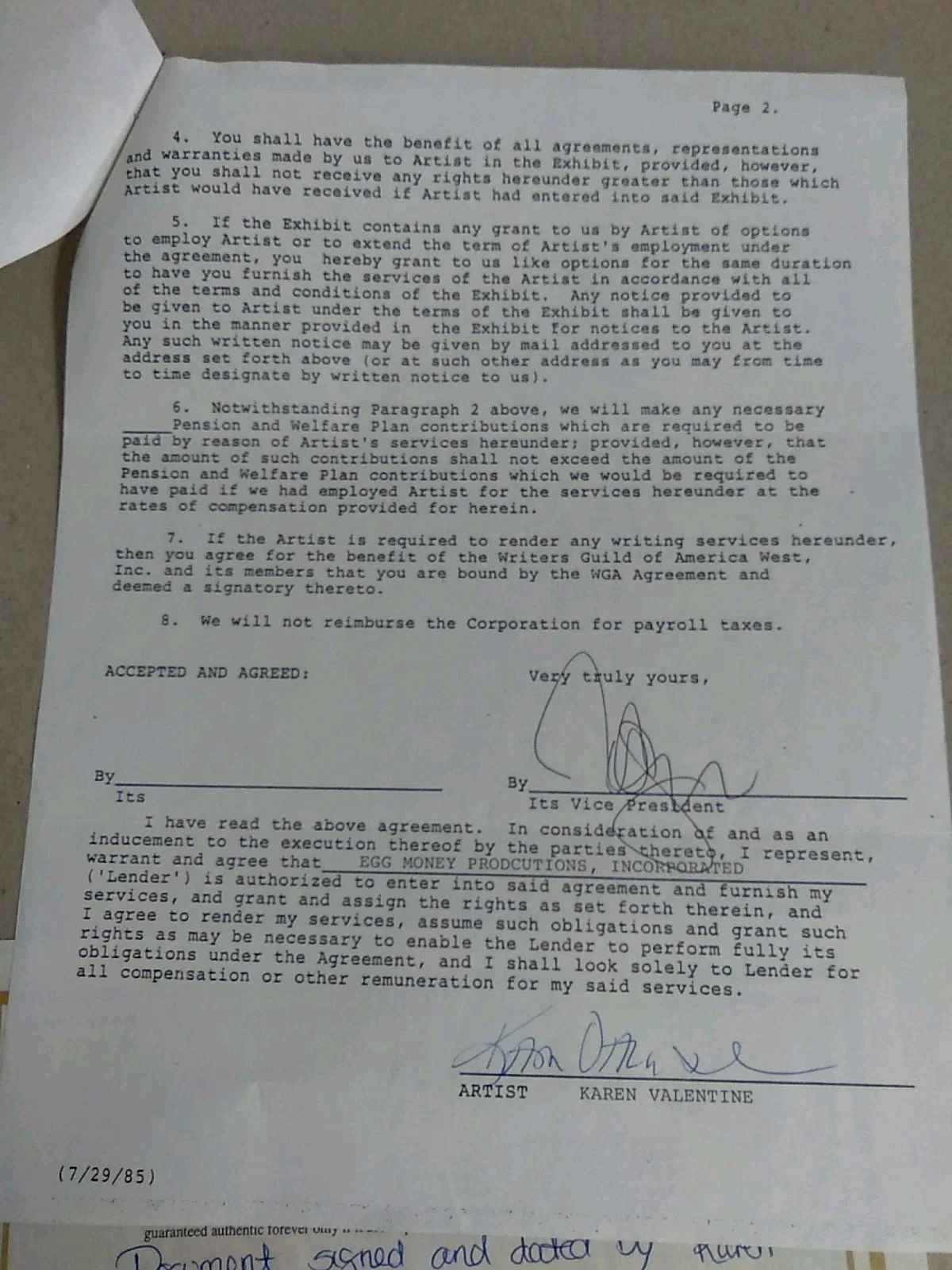 Karen Valentine Signed Contract 1987 With Certificate Of Authenticity, image 4