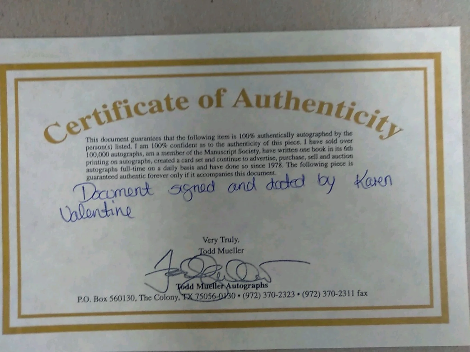 Karen Valentine Signed Contract 1987 With Certificate Of Authenticity, image 5