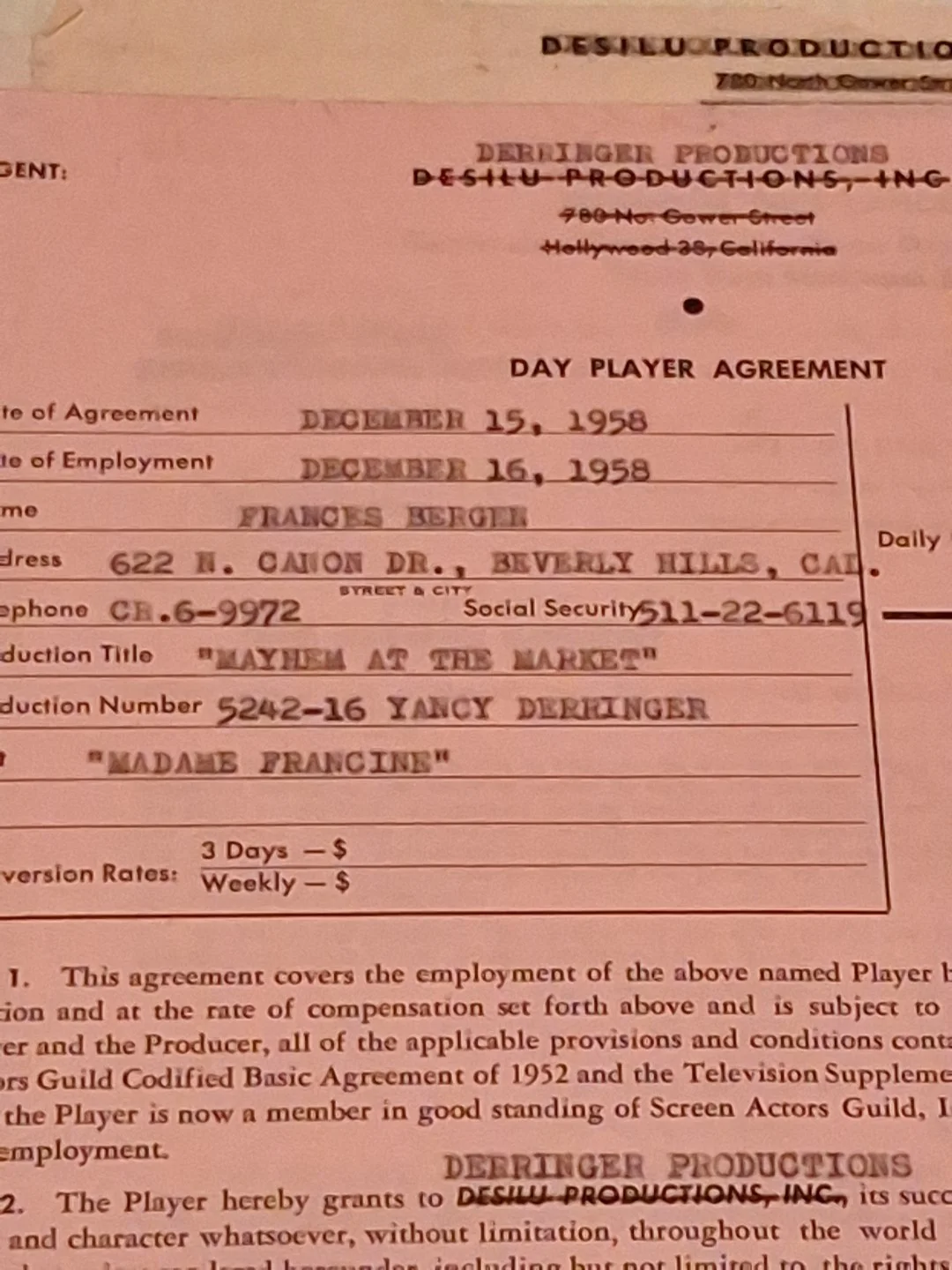 Frances Bergen Signed 1958 Yancy Derringer Contract "Mayhem At The Market", изображение 2