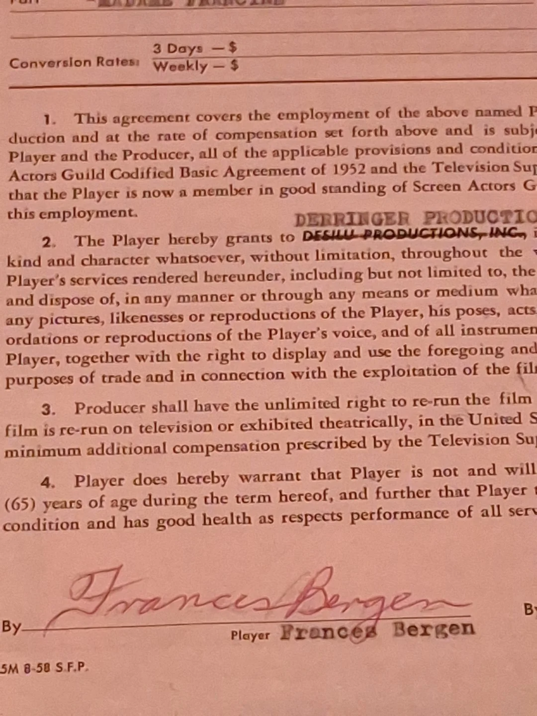 Frances Bergen Signed 1958 Yancy Derringer Contract "Mayhem At The Market", изображение 3