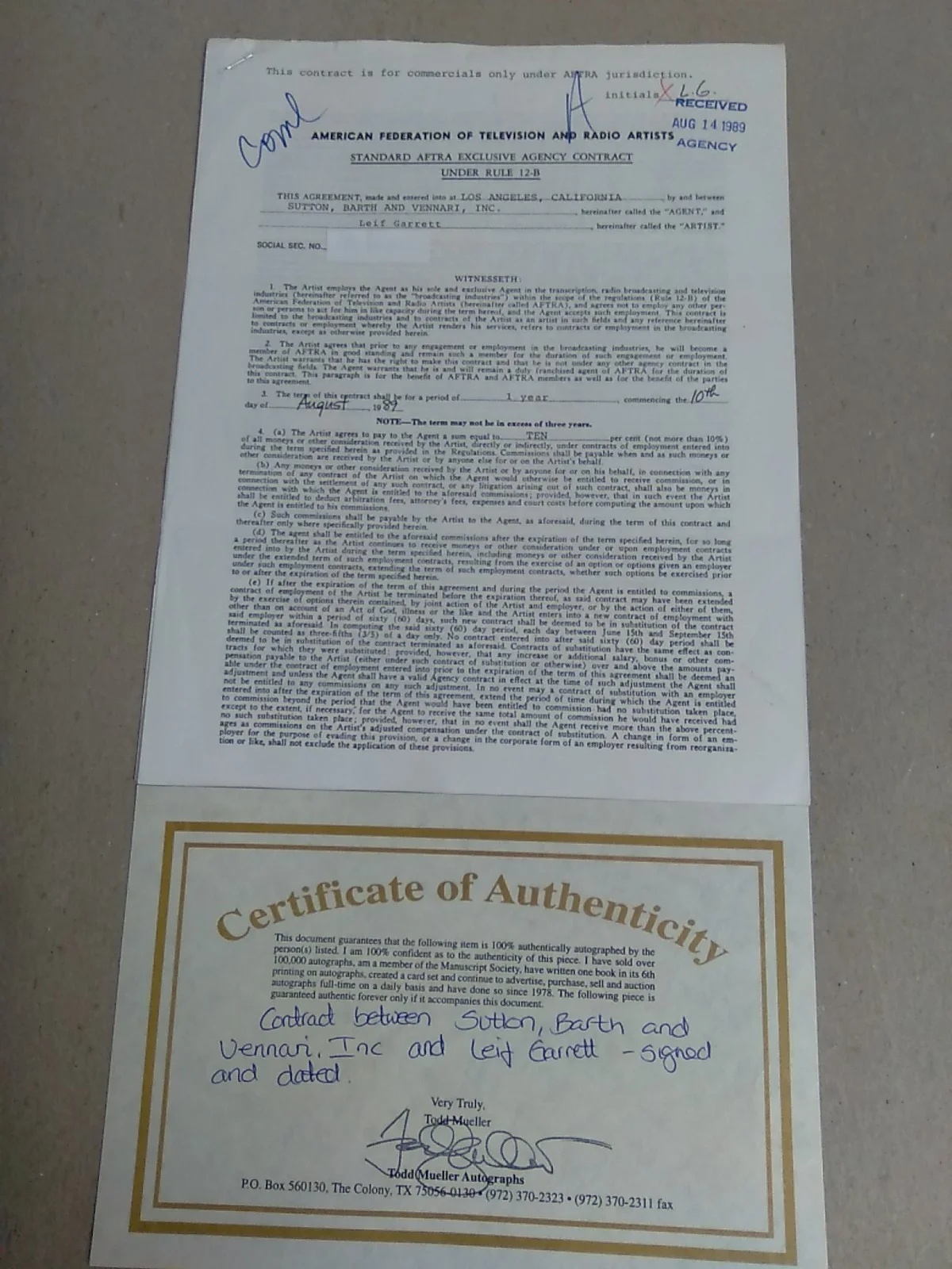Leif Garrett Signed Contract 1989 With Certificate Of Authenticity, image 2
