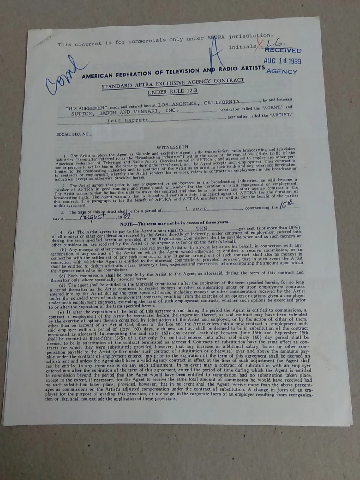 Leif Garrett Signed Contract 1989 With Certificate Of Authenticity, image 3