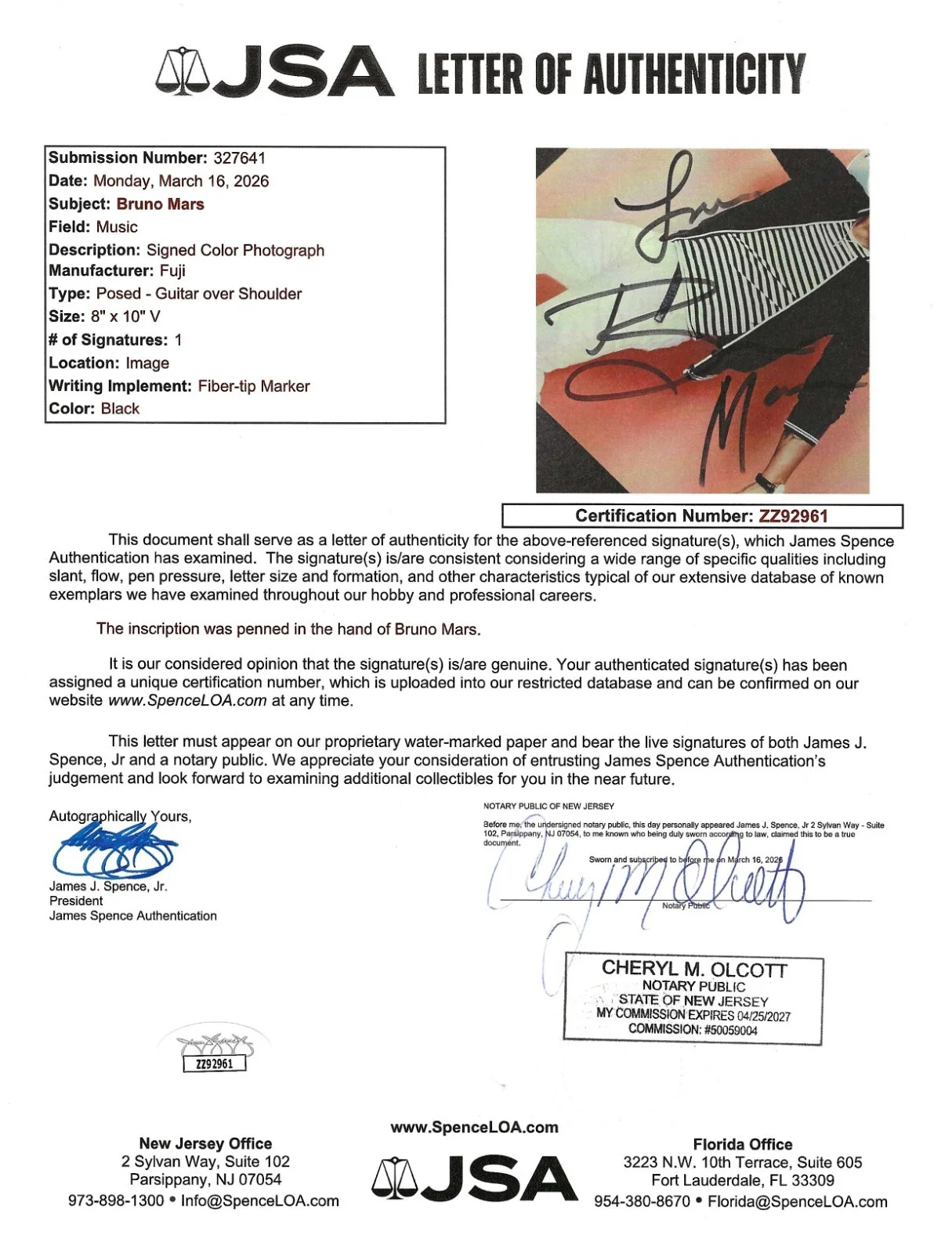BRUNO MARS signed autographed 8x10 Photo from 2011 JSA COA, image 5