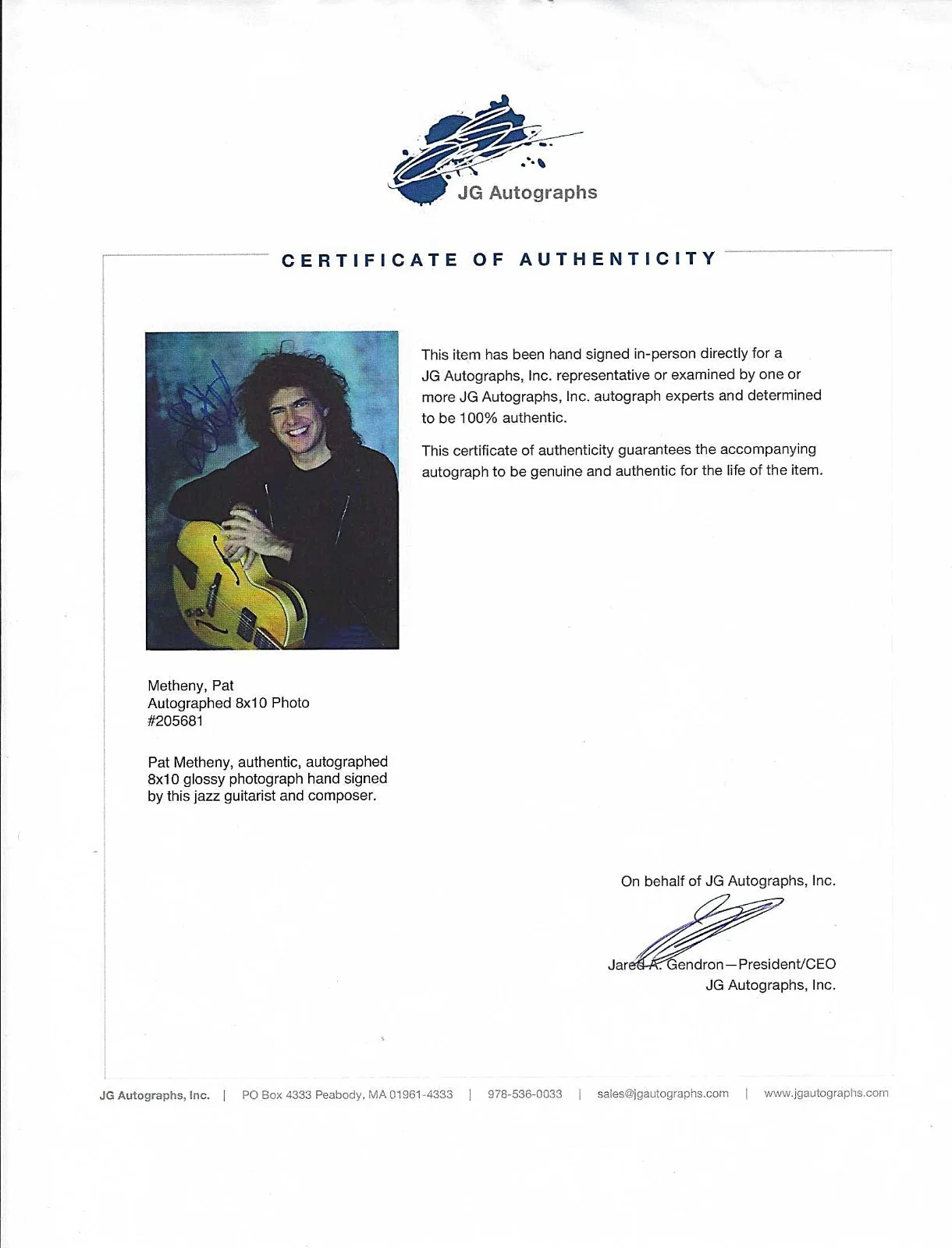 PAT METHENY — PAT MEHENY HAND SIGNED PHOTO 8x10 JAZZ GUITARIST COMPOSER, изображение 3