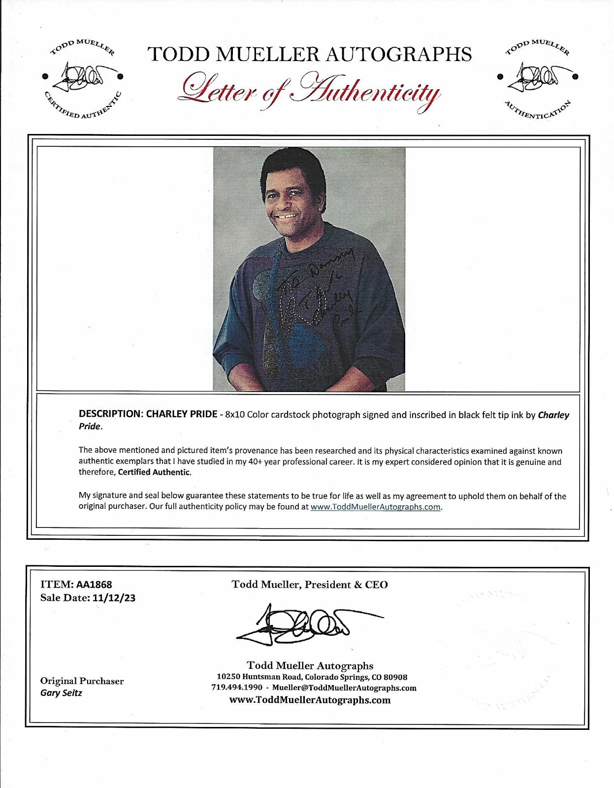 CHARLIE PRIDE HAND SIGNED PHOTO 8x10 SINGER COUNTRY HALL OF FAME, изображение 4