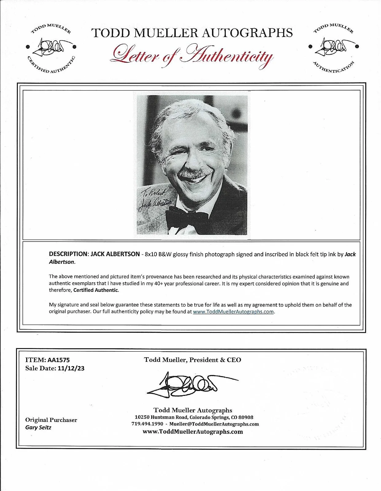 JACK ALBERTSON — JACK ALBERTSON HAND SIGNED PHOTO 8x10 TONY, OSCAR & EMMY WINNING ACTOR, изображение 3