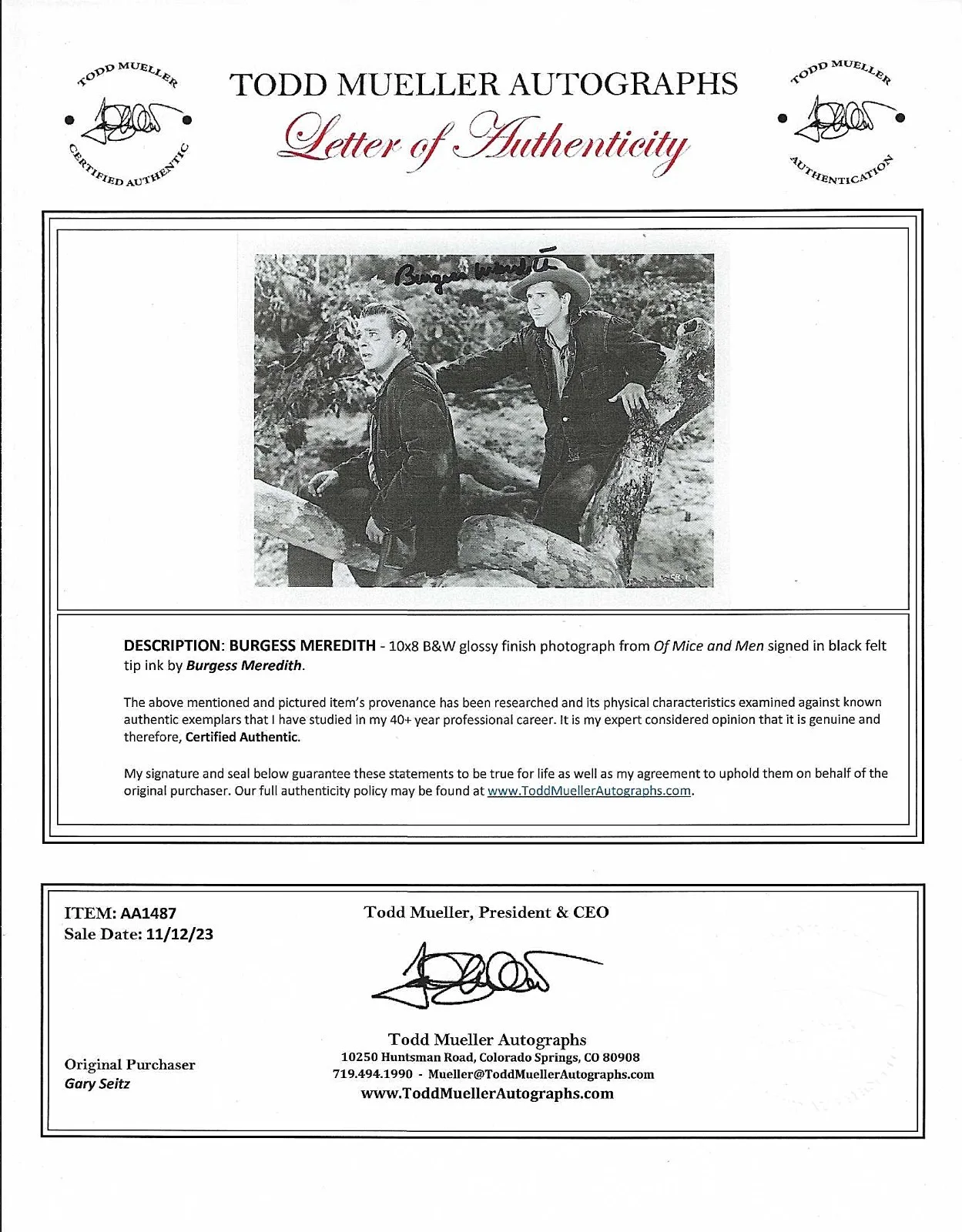 BURGESS MEREDITH — BURGESS MEREDITH HAND SIGNED PHOTO 10X8 B/W 'OF MICE AND MEN' COA, изображение 3