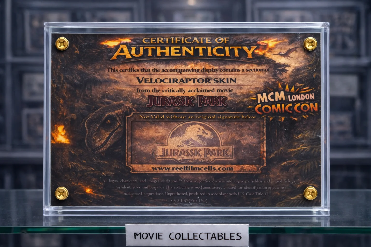 Screen-Used Velociraptor Hide Fragment – Jurassic Park Movie Prop Display – COA, image 2