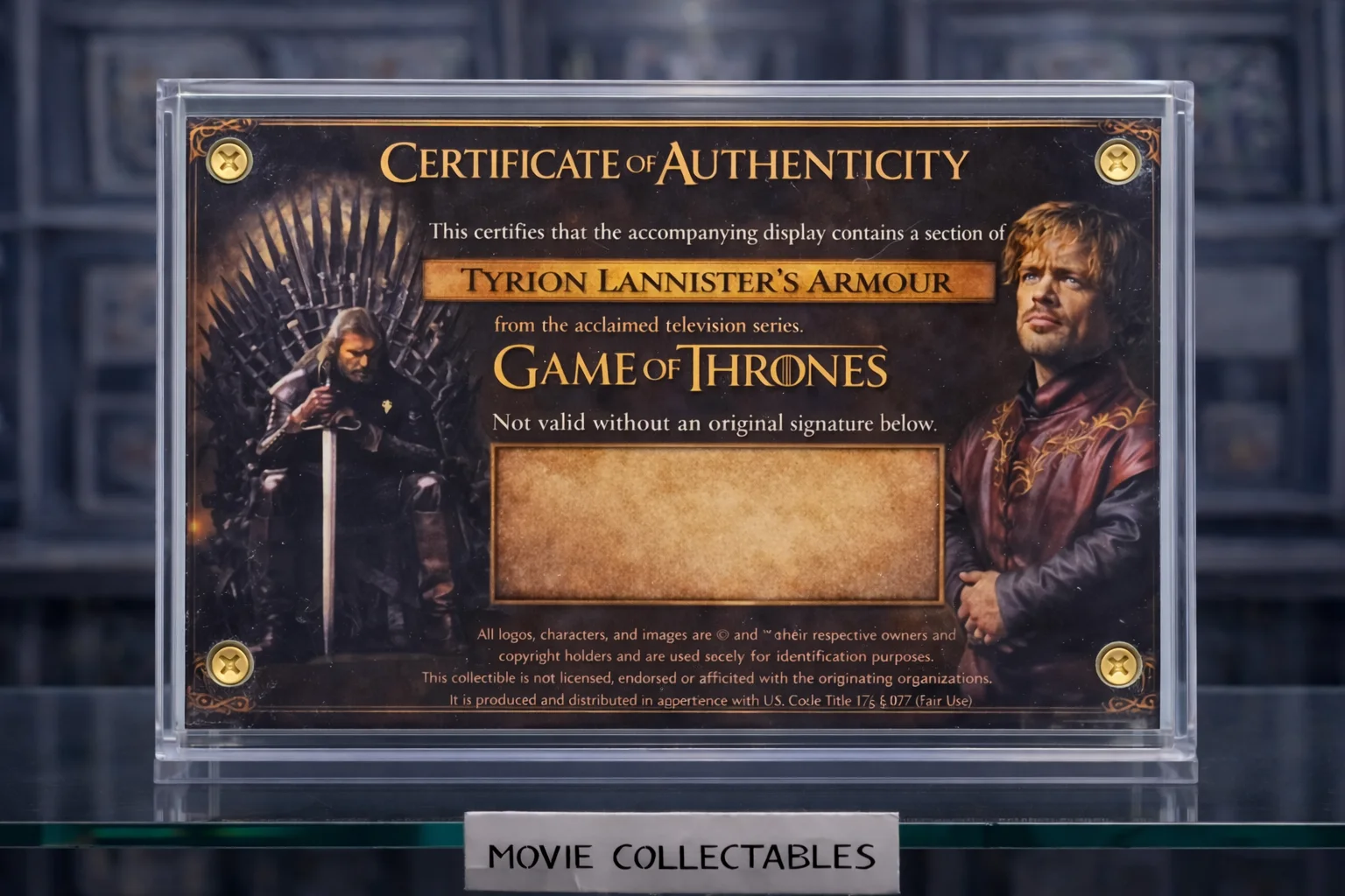 Game of Thrones Tyrion Lannister Armor Swatch Display – Screen Used COA, изображение 2